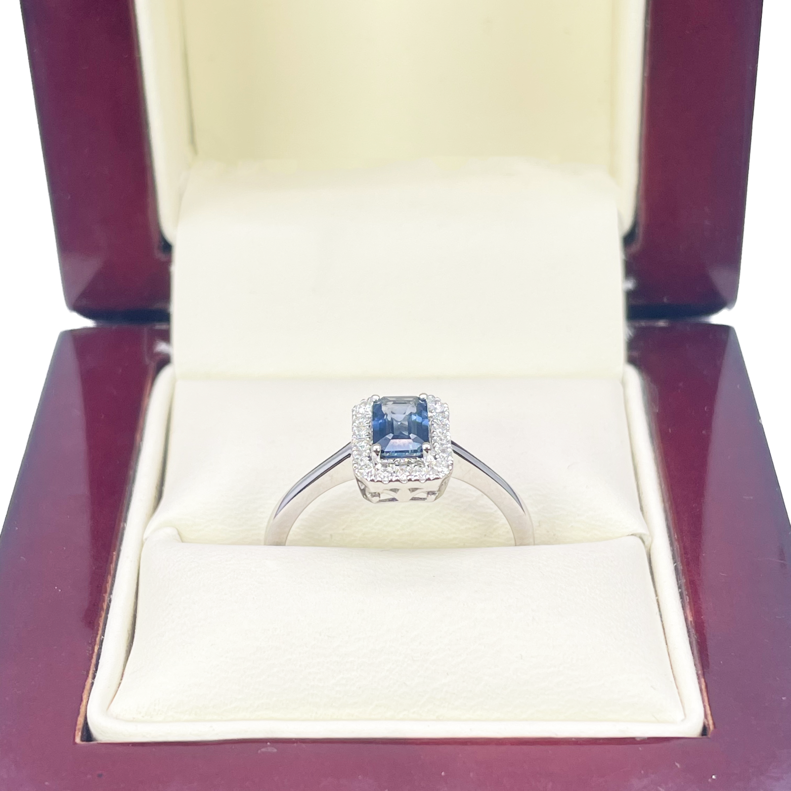18ct White Gold Emerald Cut Blue Sapphire & Diamond Halo Ring 0.79ct  Diamond Ring