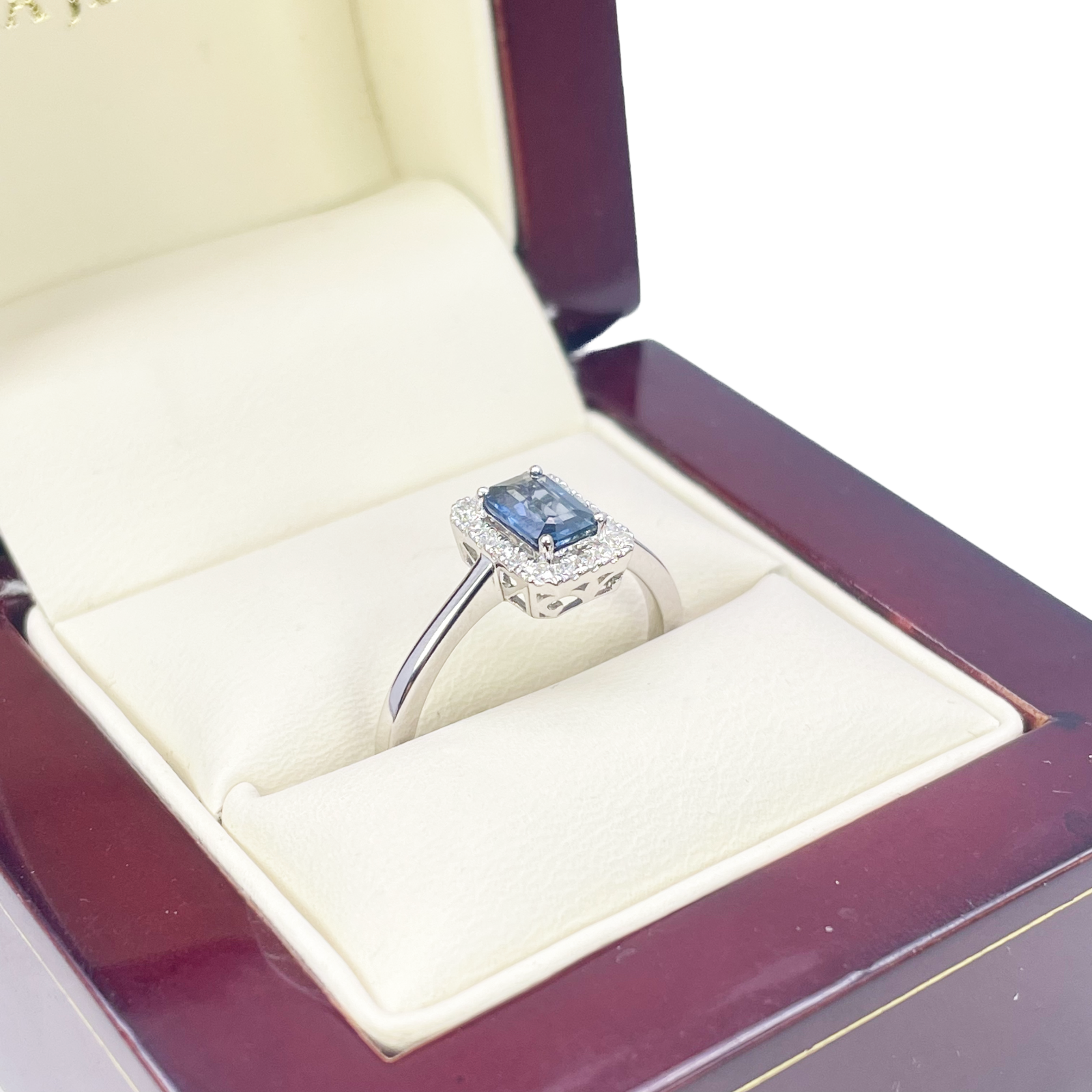 18ct White Gold Emerald Cut Blue Sapphire & Diamond Halo Ring 0.79ct  Diamond Ring