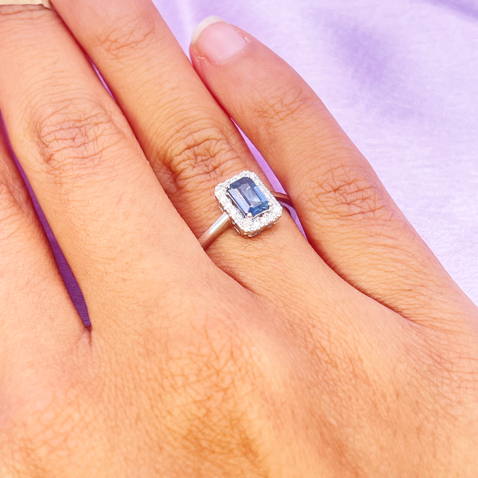 18ct White Gold Emerald Cut Blue Sapphire & Diamond Halo Ring 0.79ct  Diamond Ring