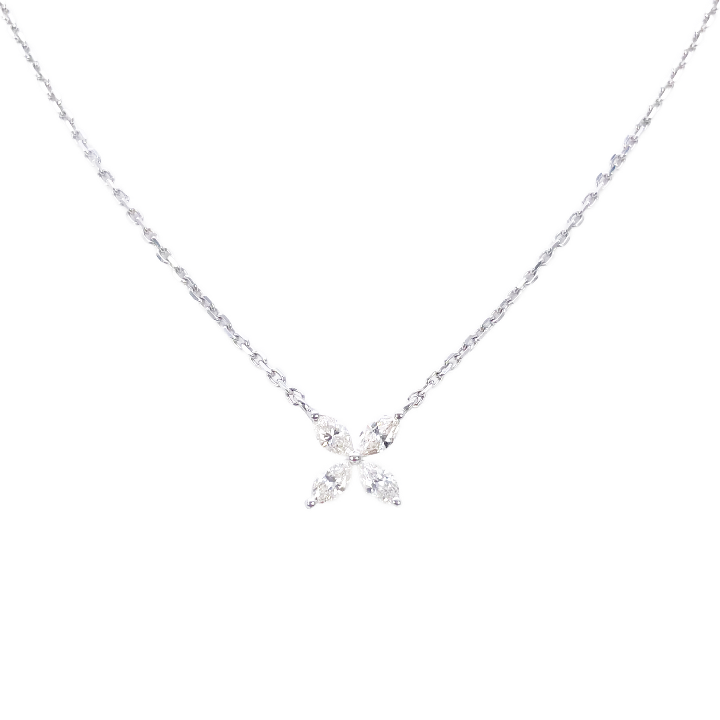 18ct White Gold Flower Marquise Four Leaf Diamond Pendant Necklace 0.46ct 