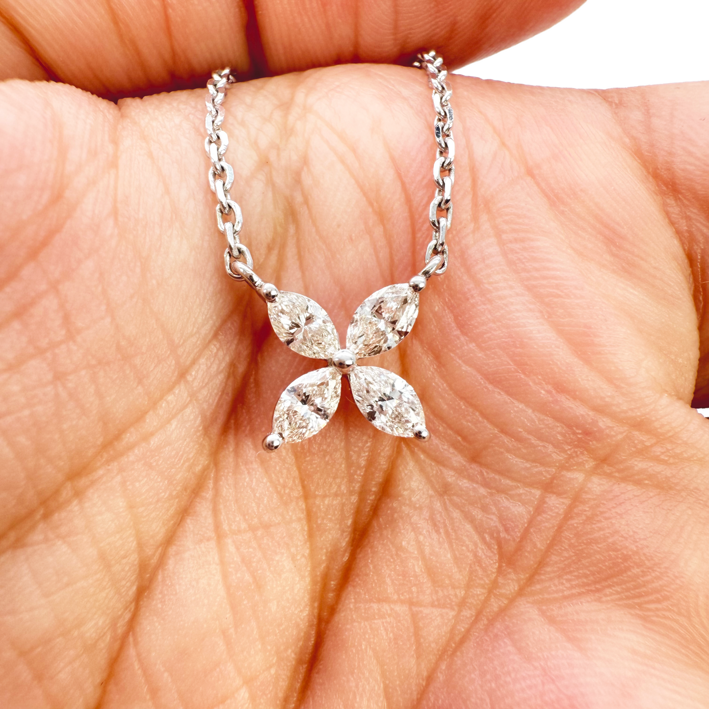 18ct White Gold Flower Marquise Four Leaf Diamond Pendant Necklace 0.46ct 