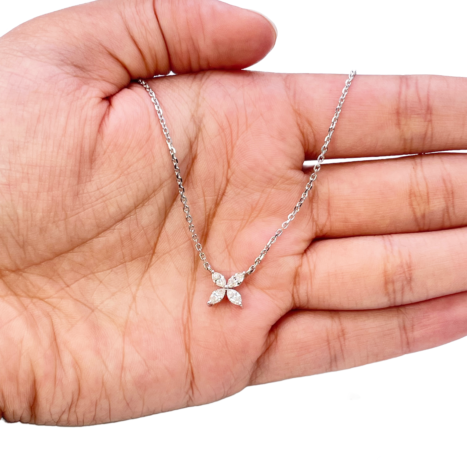 18ct White Gold Flower Marquise Four Leaf Diamond Pendant Necklace 0.46ct 