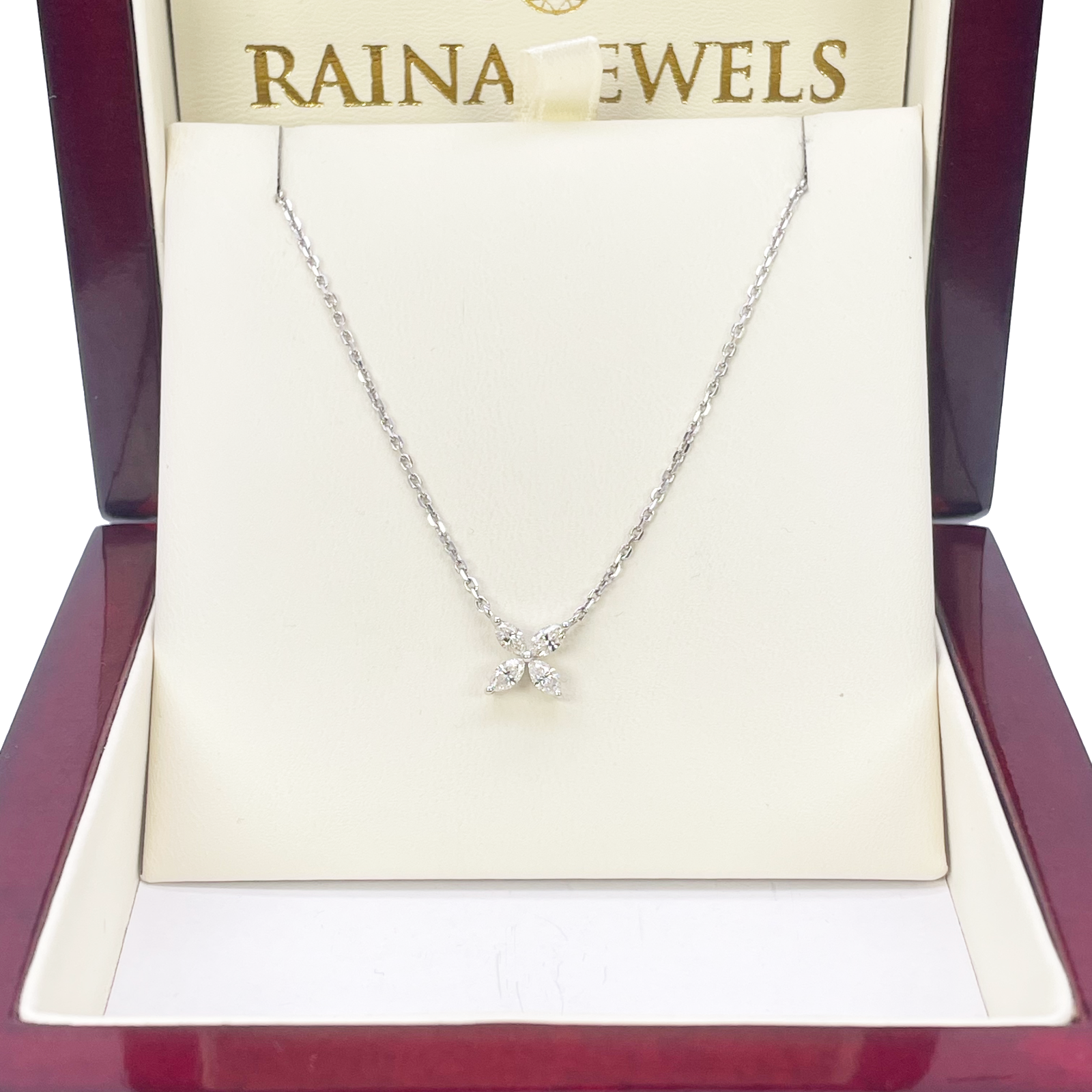 18ct White Gold Flower Marquise Four Leaf Diamond Pendant Necklace 0.46ct 