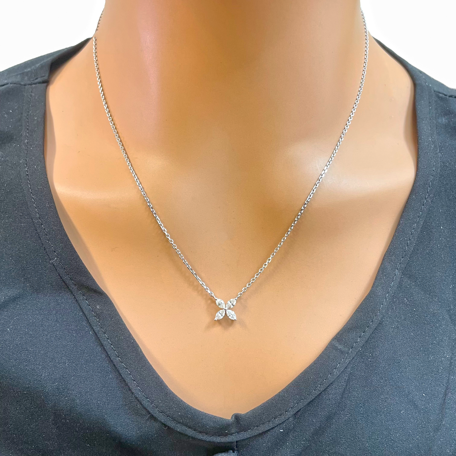 18ct White Gold Flower Marquise Four Leaf Diamond Pendant Necklace 0.46ct 