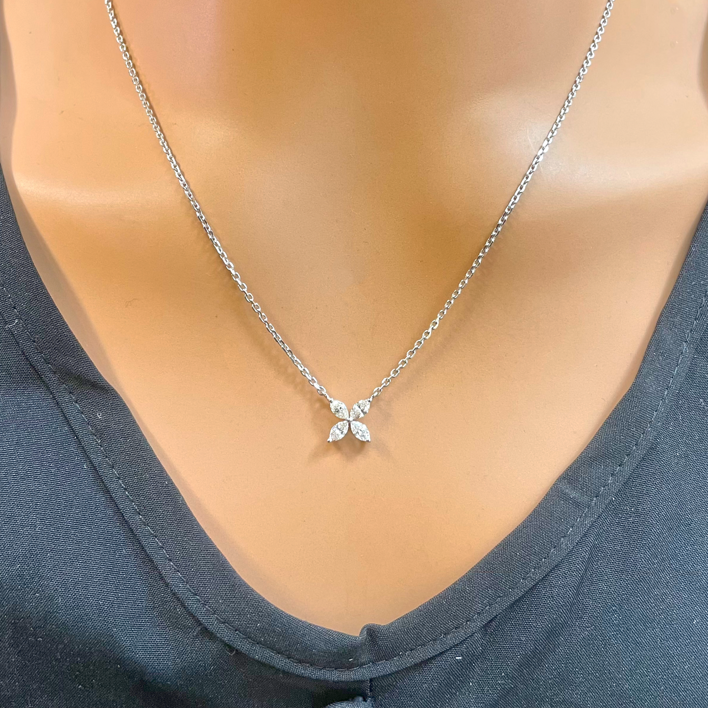 18ct White Gold Flower Marquise Four Leaf Diamond Pendant Necklace 0.46ct 