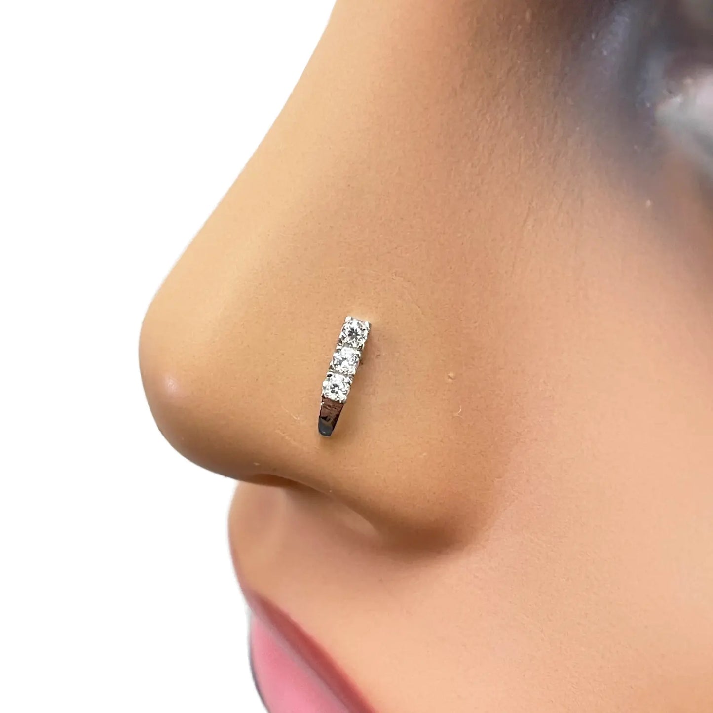 18ct White Gold High Polished 3 Stone Cubic Zirconia Nose Stud/Pin 8mm Length 