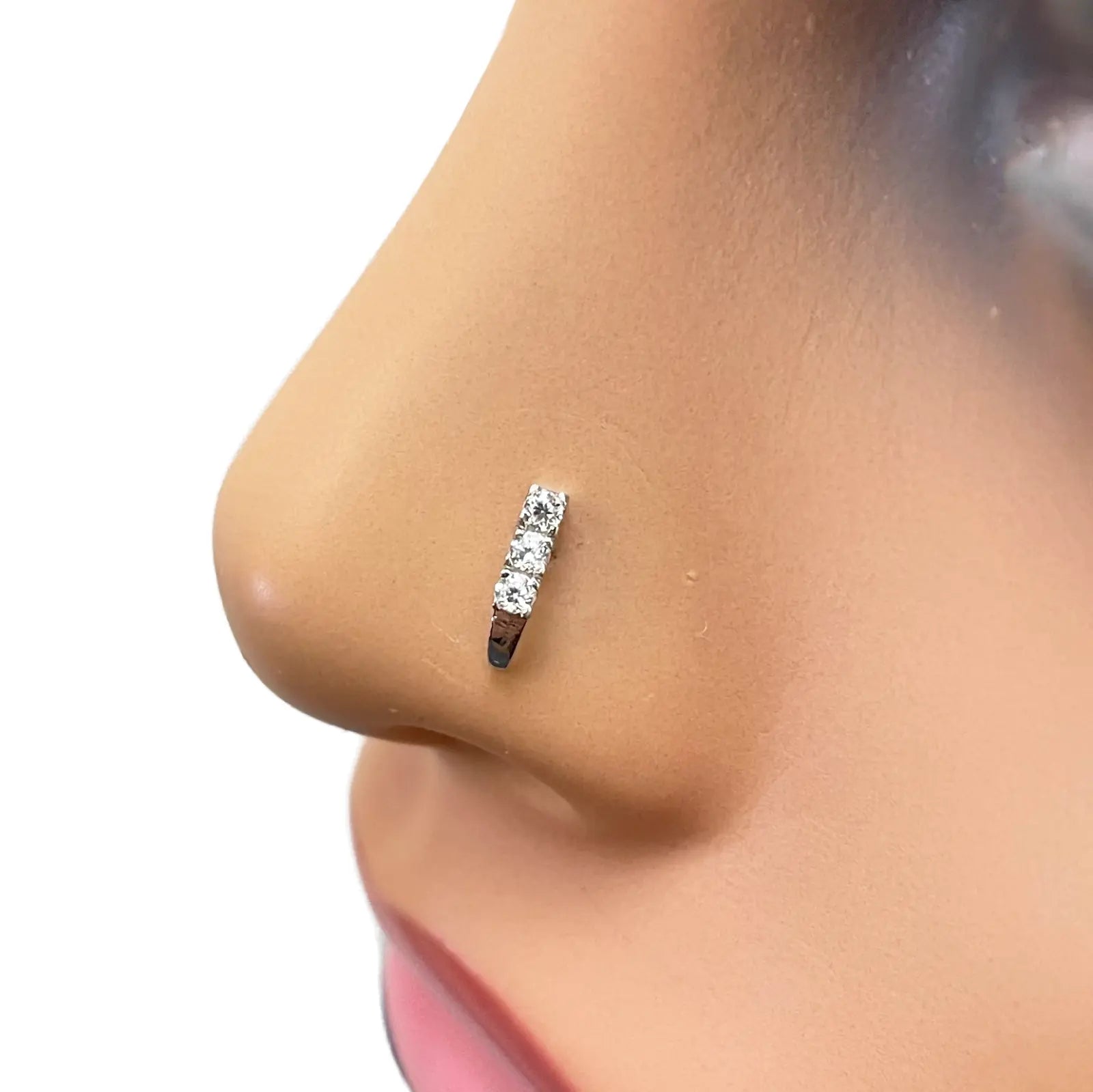 18ct White Gold High Polished 3 Stone Cubic Zirconia Nose Stud/Pin 8mm Length 