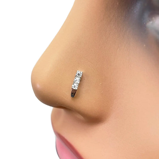 18ct White Gold High Polished 3 Stone Cubic Zirconia Nose Stud/Pin 8mm Length 