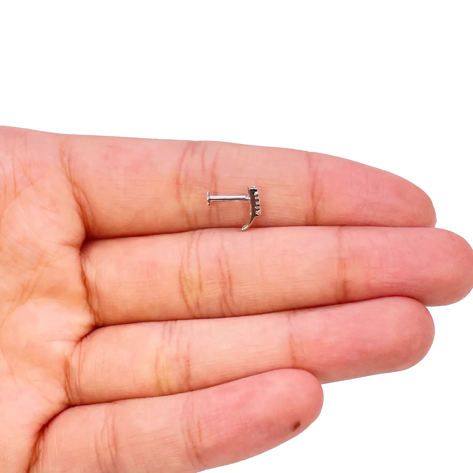 18ct White Gold High Polished 3 Stone Cubic Zirconia Nose Stud/Pin 8mm Length 