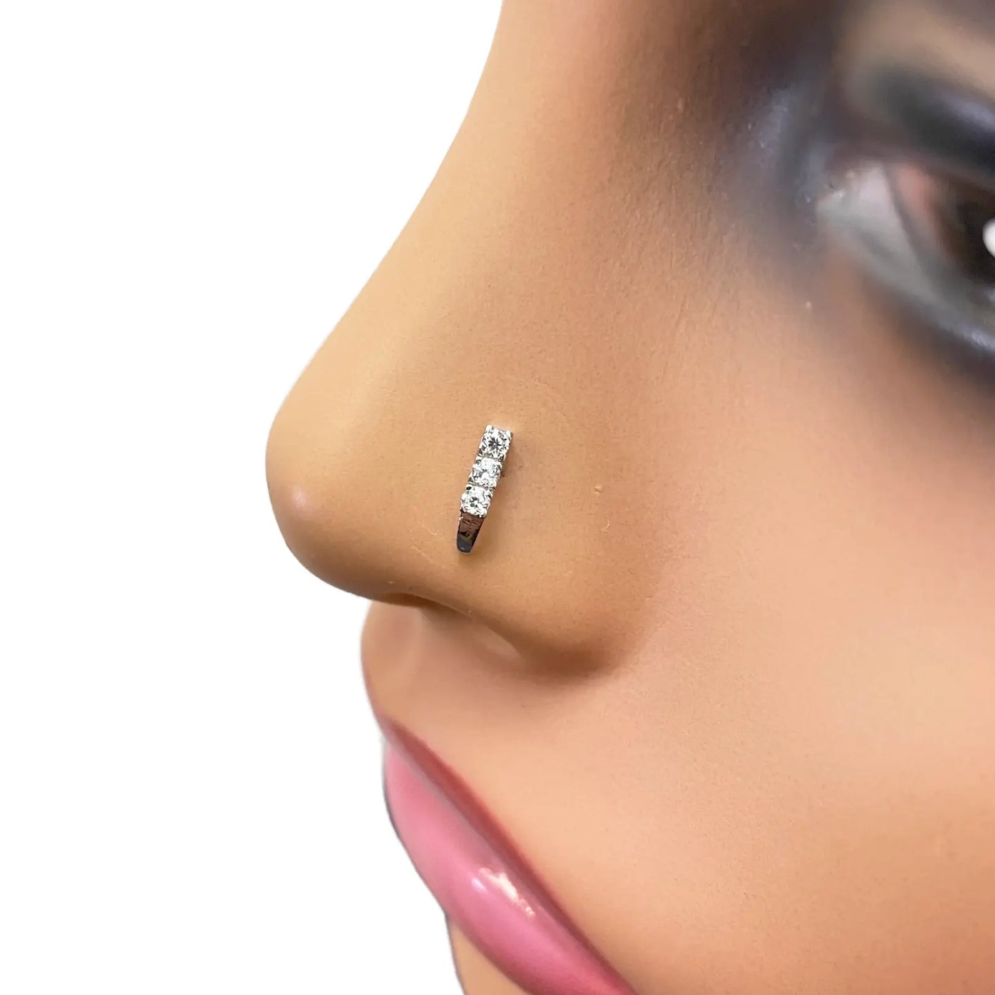 18ct White Gold High Polished 3 Stone Cubic Zirconia Nose Stud/Pin 8mm Length 