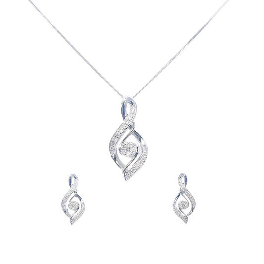 18ct White Gold Natural Diamond Twisted Pendant Chain & Earrings Set 0.55ct 