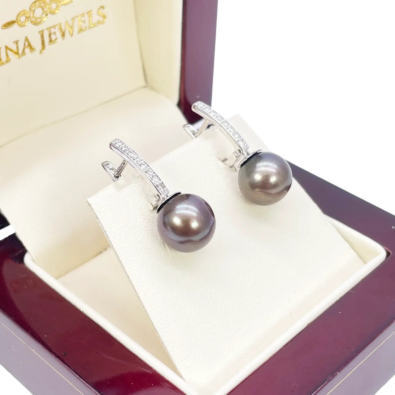 18ct White Gold Natural Diamonds & Freshwater Black Pearl Hoop Earrings 0.10ct 