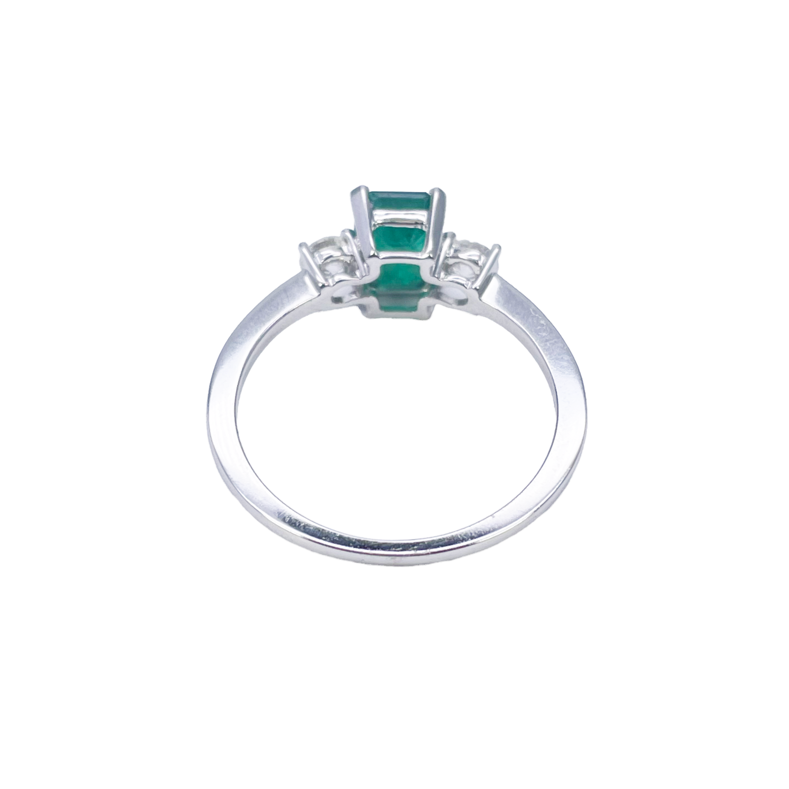18ct White Gold Natural Emerald Cut Emerald & Round Diamond Trilogy Ring 1.28ct  Diamond Ring
