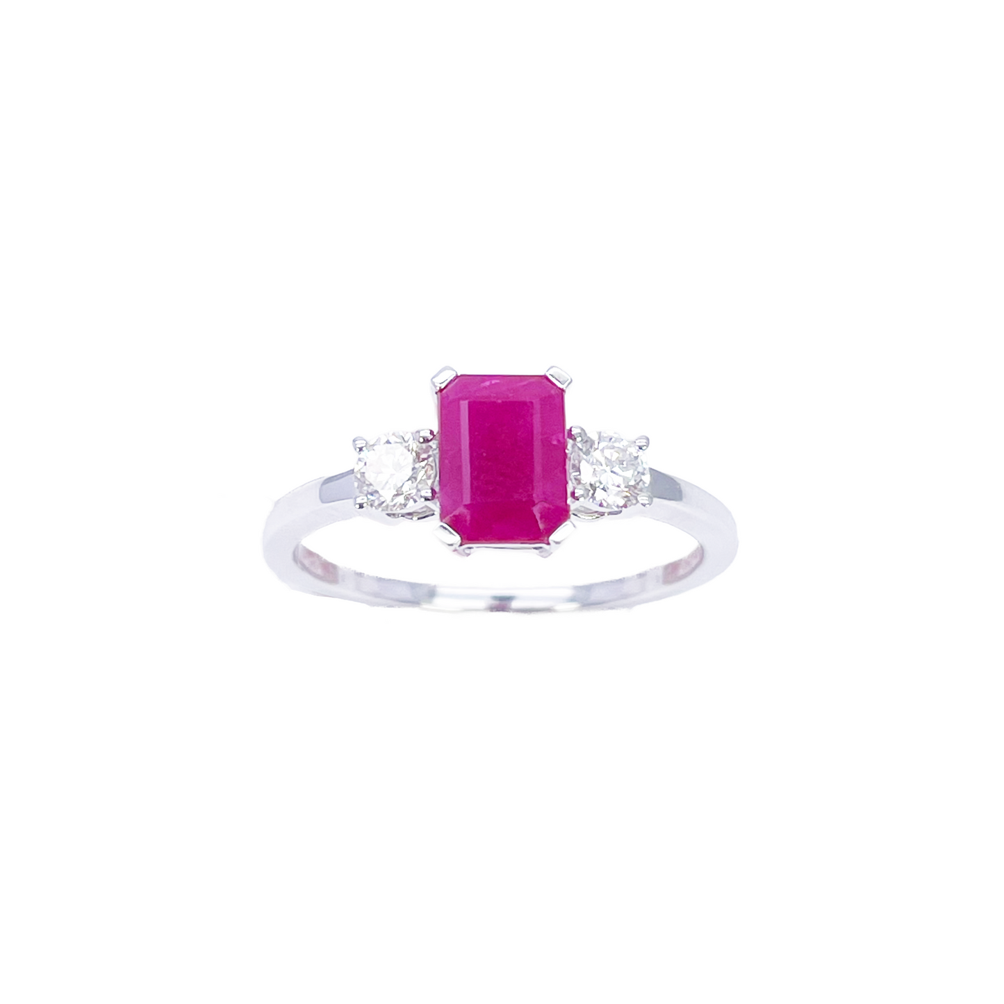 18ct White Gold Natural Emerald Cut Ruby & Round Diamond Trilogy Ring 1.45ct  Diamond Ring