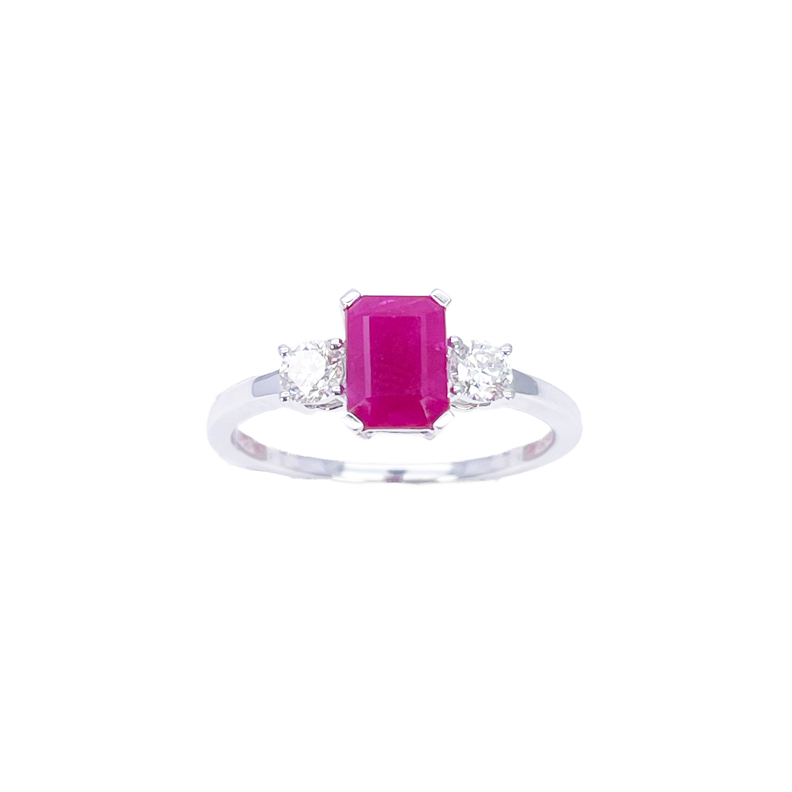 18ct White Gold Natural Emerald Cut Ruby & Round Diamond Trilogy Ring 1.45ct  Diamond Ring