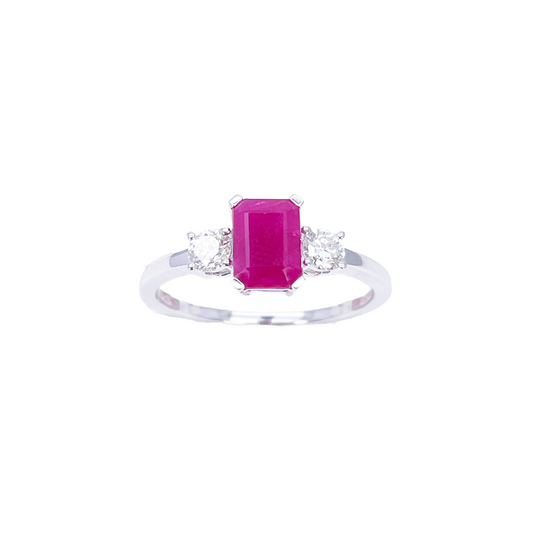 18ct White Gold Natural Emerald Cut Ruby & Round Diamond Trilogy Ring 1.45ct  Diamond Ring