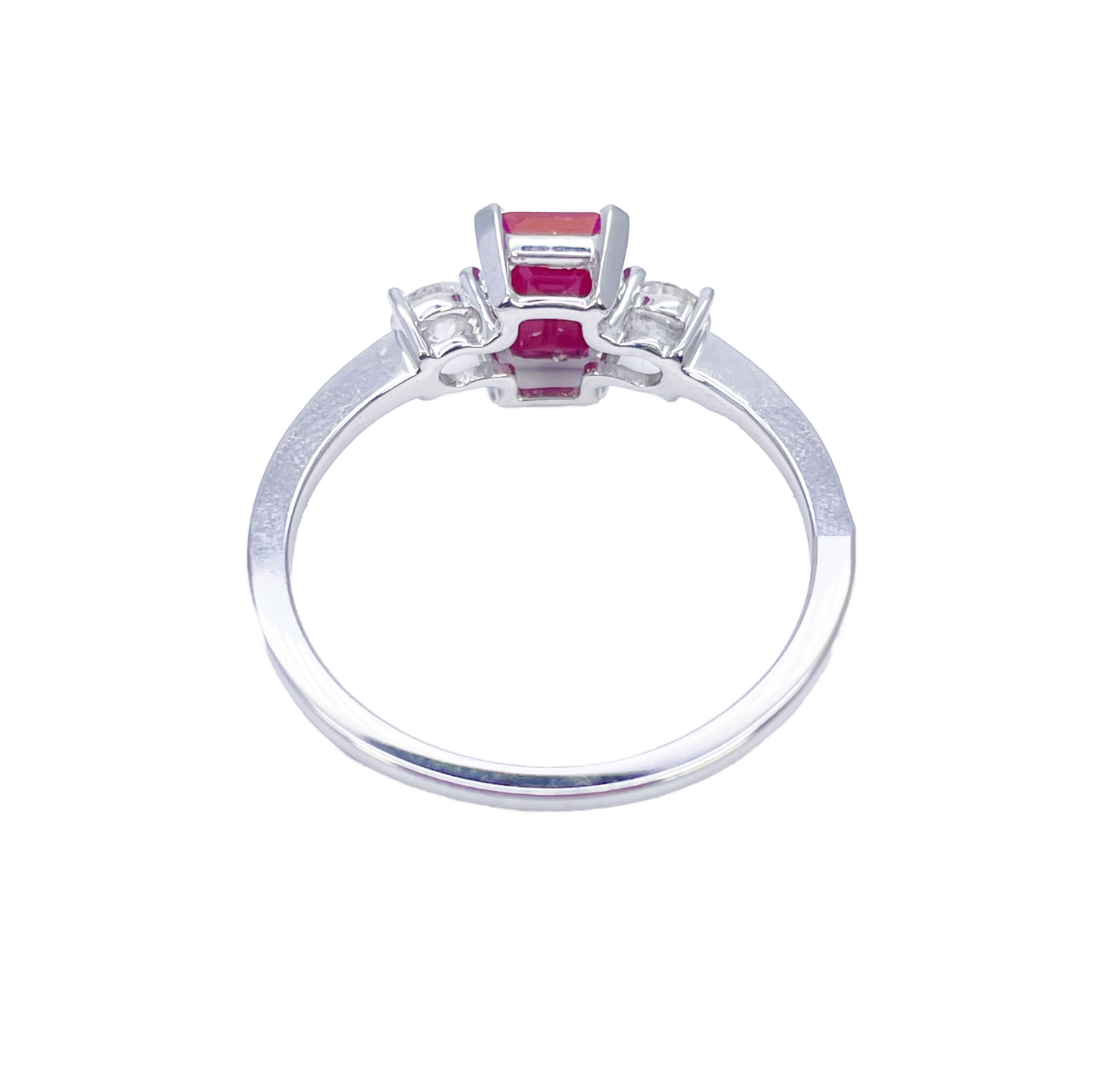 18ct White Gold Natural Emerald Cut Ruby & Round Diamond Trilogy Ring 1.45ct  Diamond Ring