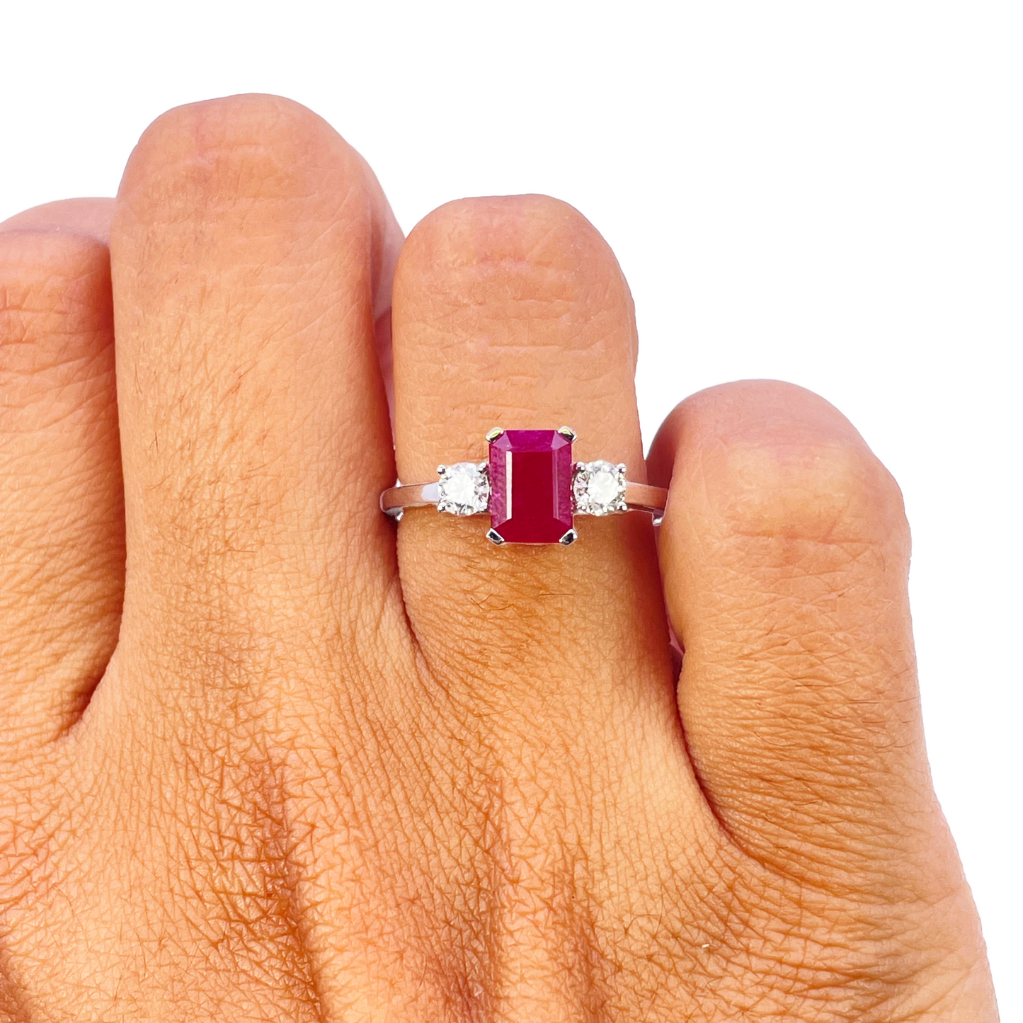 18ct White Gold Natural Emerald Cut Ruby & Round Diamond Trilogy Ring 1.45ct  Diamond Ring