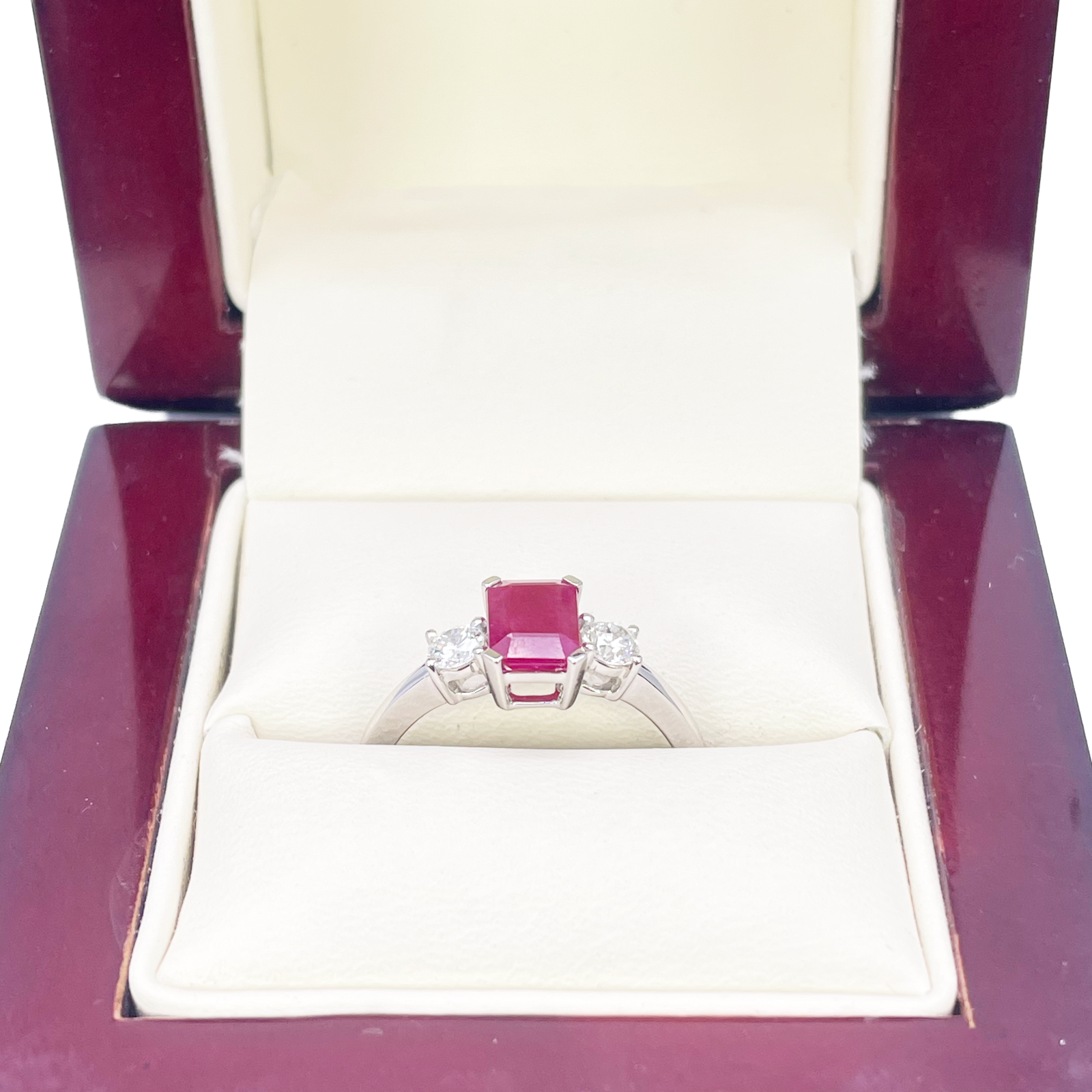 18ct White Gold Natural Emerald Cut Ruby & Round Diamond Trilogy Ring 1.45ct  Diamond Ring