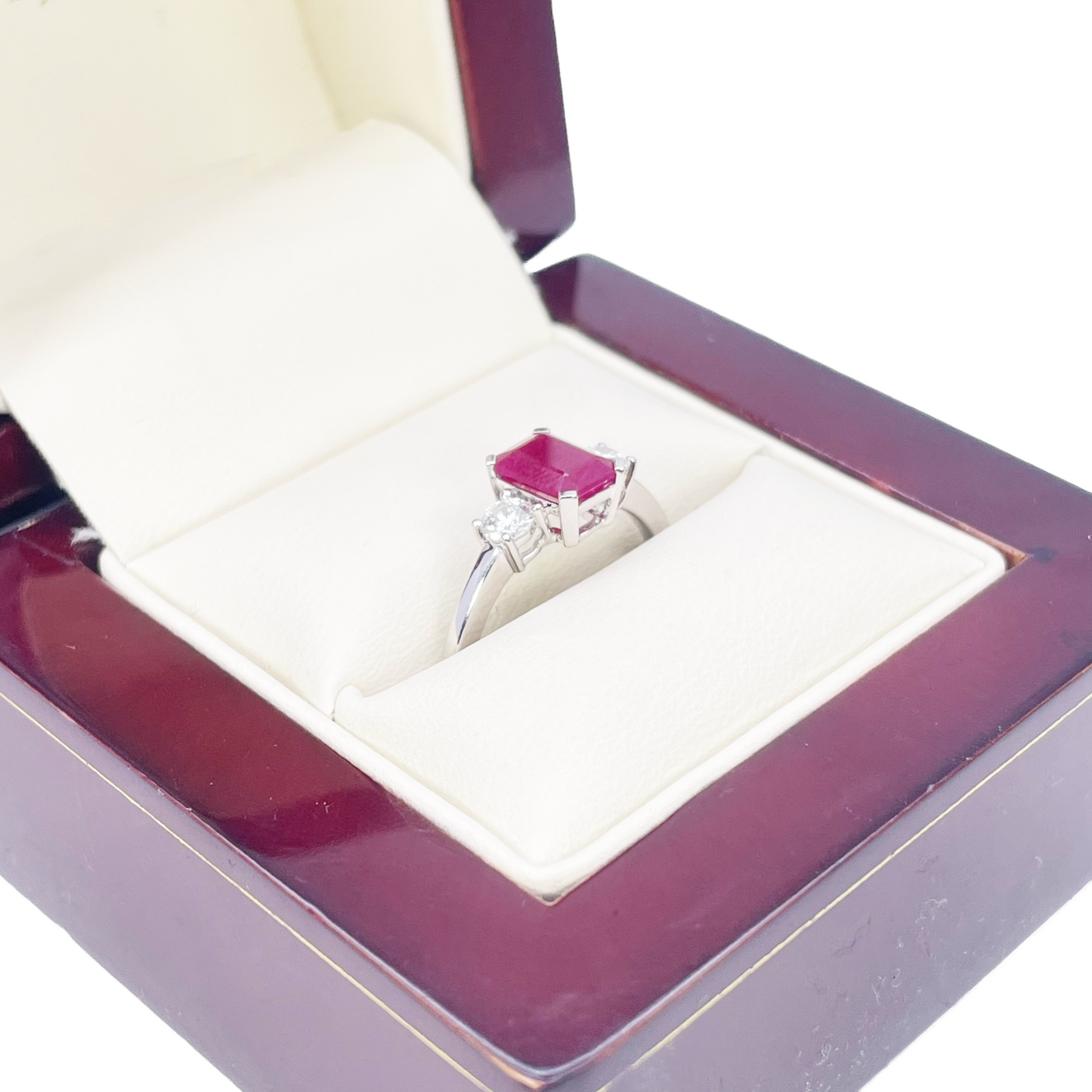 18ct White Gold Natural Emerald Cut Ruby & Round Diamond Trilogy Ring 1.45ct  Diamond Ring