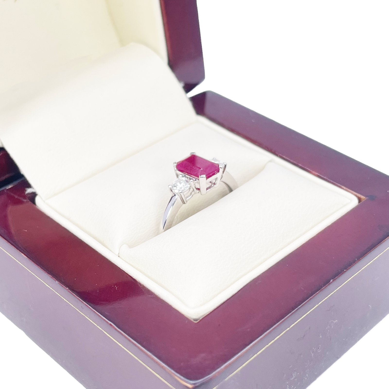 18ct White Gold Natural Emerald Cut Ruby & Round Diamond Trilogy Ring 1.45ct  Diamond Ring