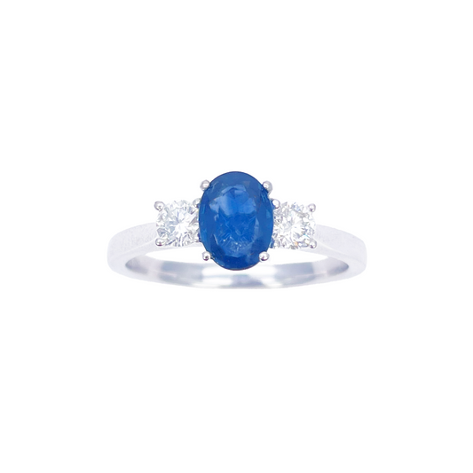 18ct White Gold Natural Oval Blue Sapphire & Round Diamond Trilogy Ring 1.00ct  Diamond Ring