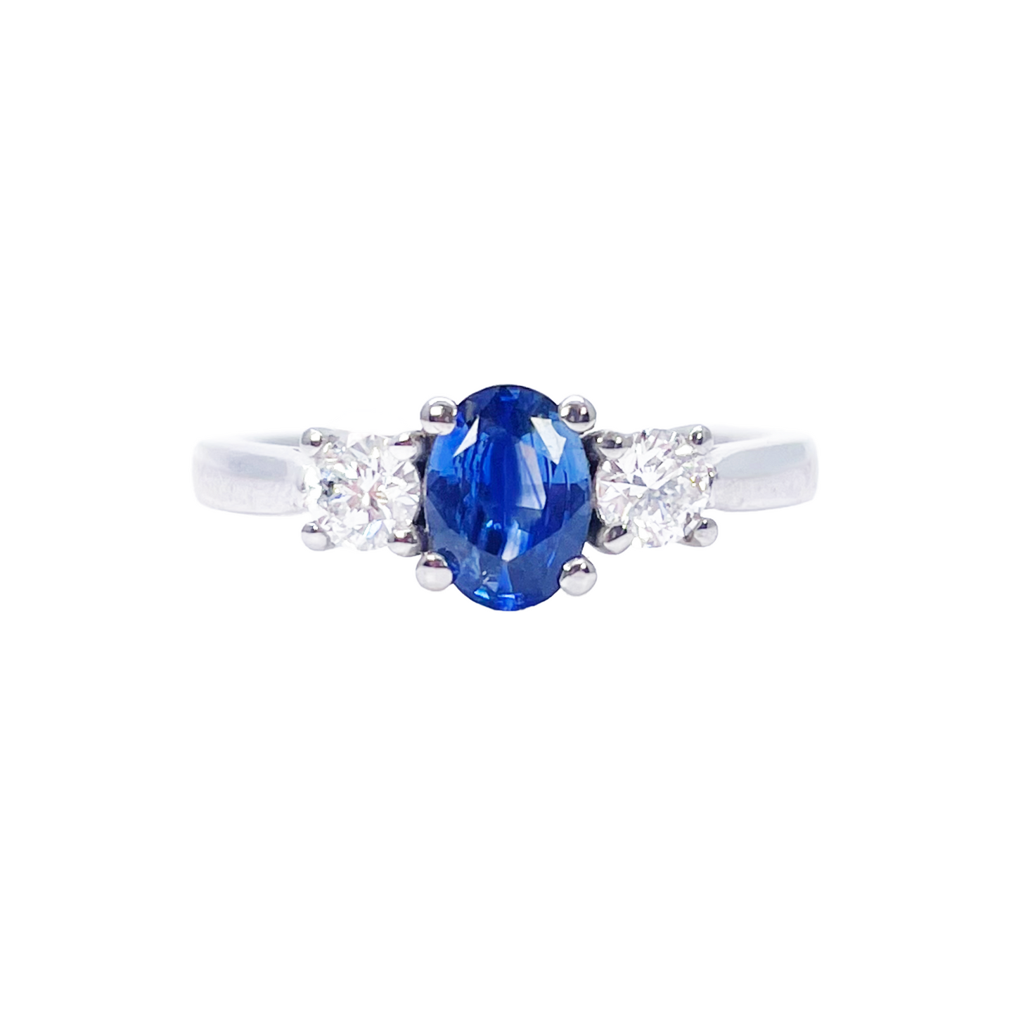 18ct White Gold Natural Oval Blue Sapphire & Round Diamond Trilogy Ring  Diamond Ring