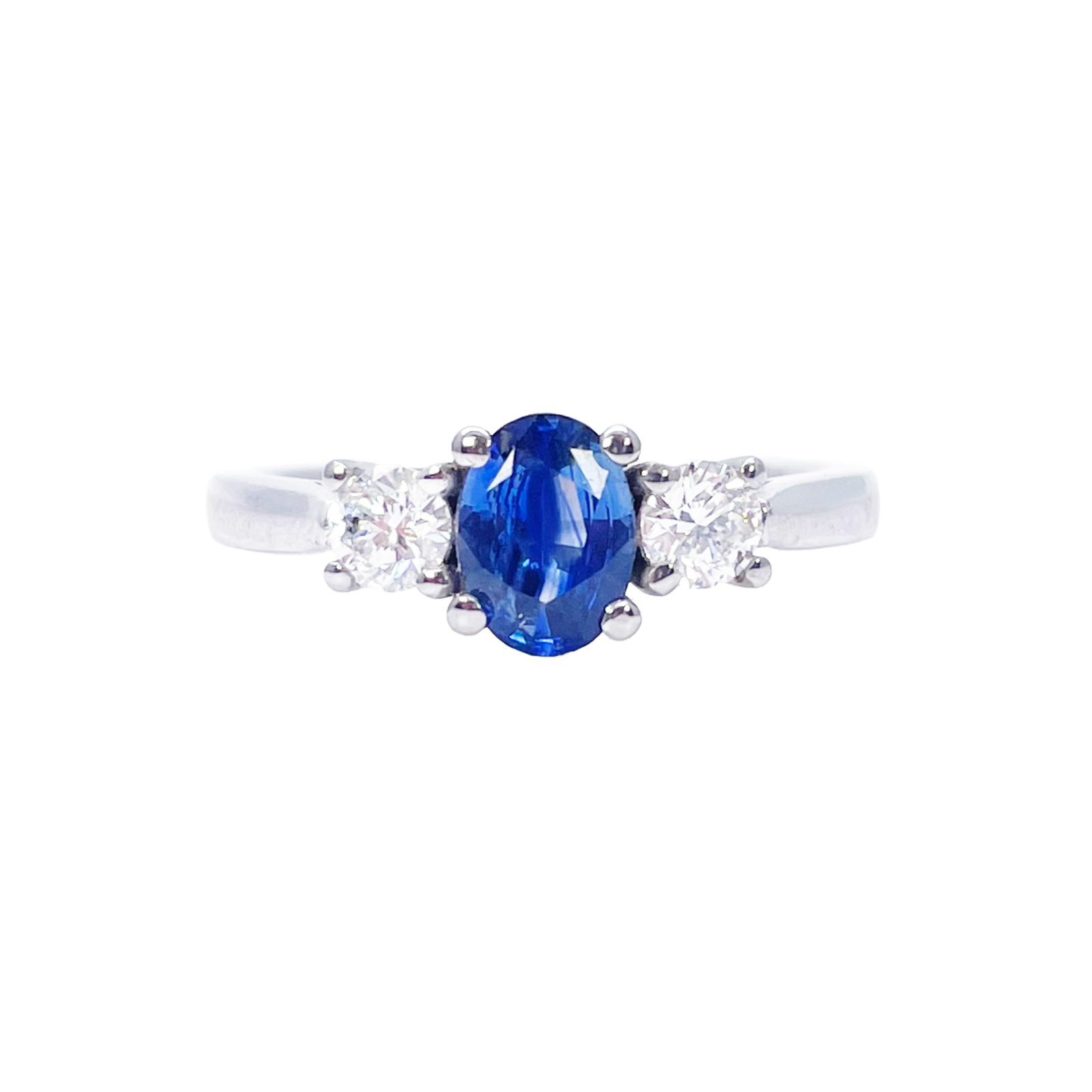18ct White Gold Natural Oval Blue Sapphire & Round Diamond Trilogy Ring  Diamond Ring