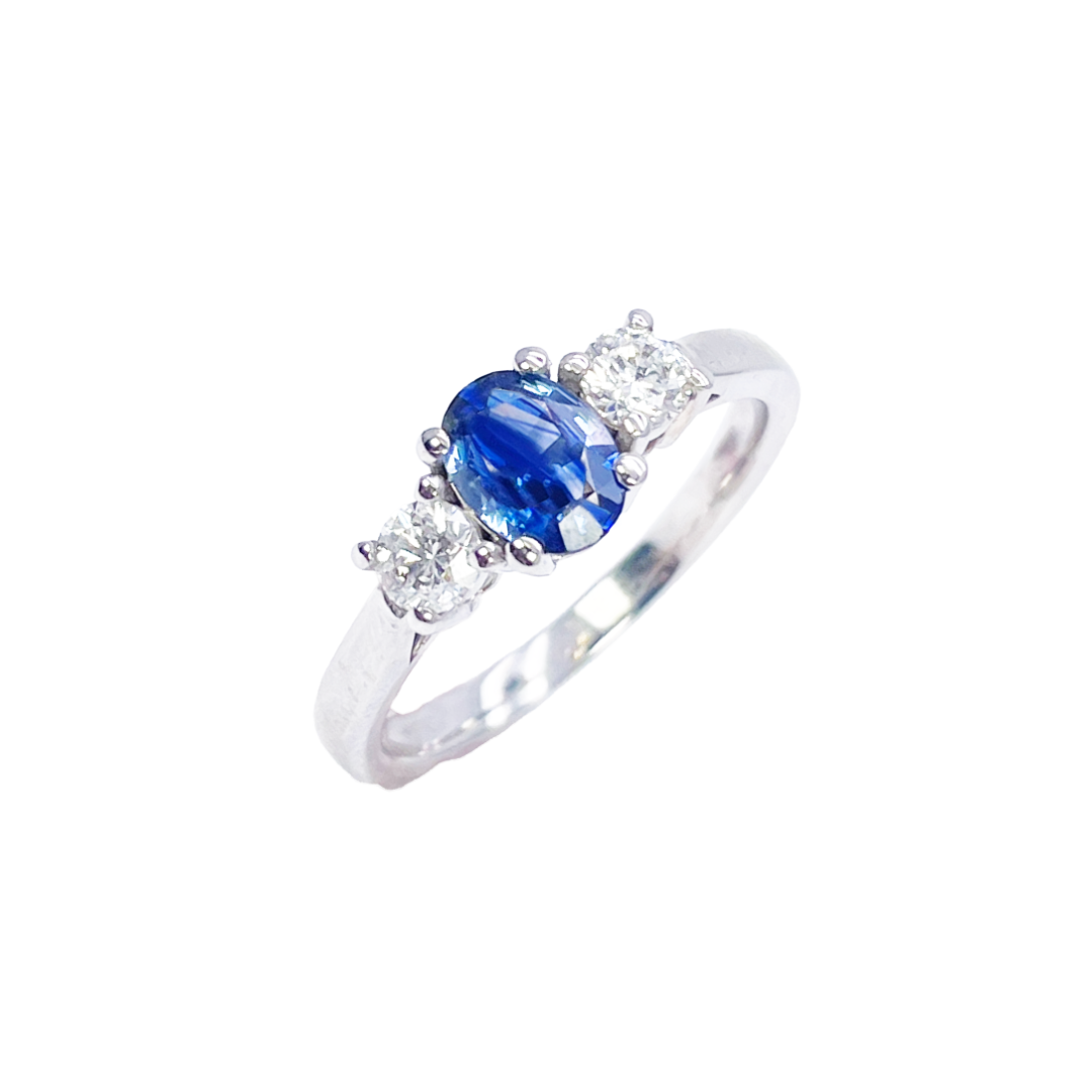 18ct White Gold Natural Oval Blue Sapphire & Round Diamond Trilogy Ring  Diamond Ring