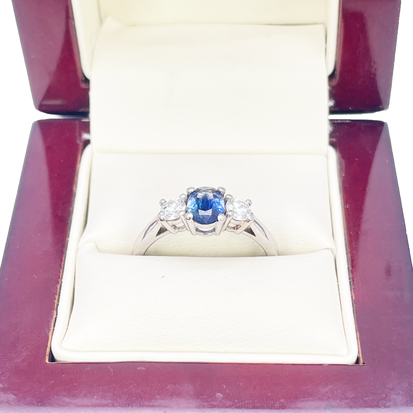 18ct White Gold Natural Oval Blue Sapphire & Round Diamond Trilogy Ring  Diamond Ring