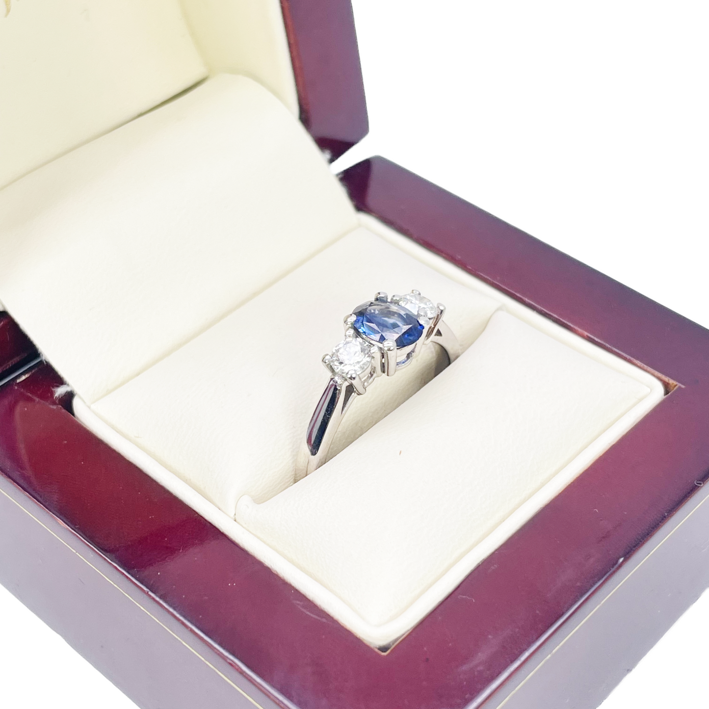 18ct White Gold Natural Oval Blue Sapphire & Round Diamond Trilogy Ring  Diamond Ring
