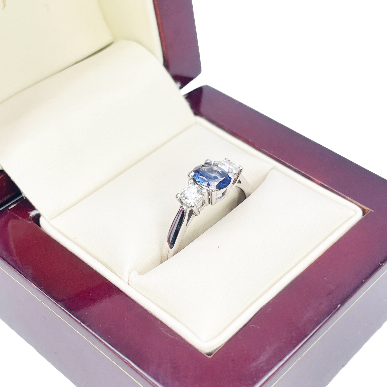 18ct White Gold Natural Oval Blue Sapphire & Round Diamond Trilogy Ring  Diamond Ring