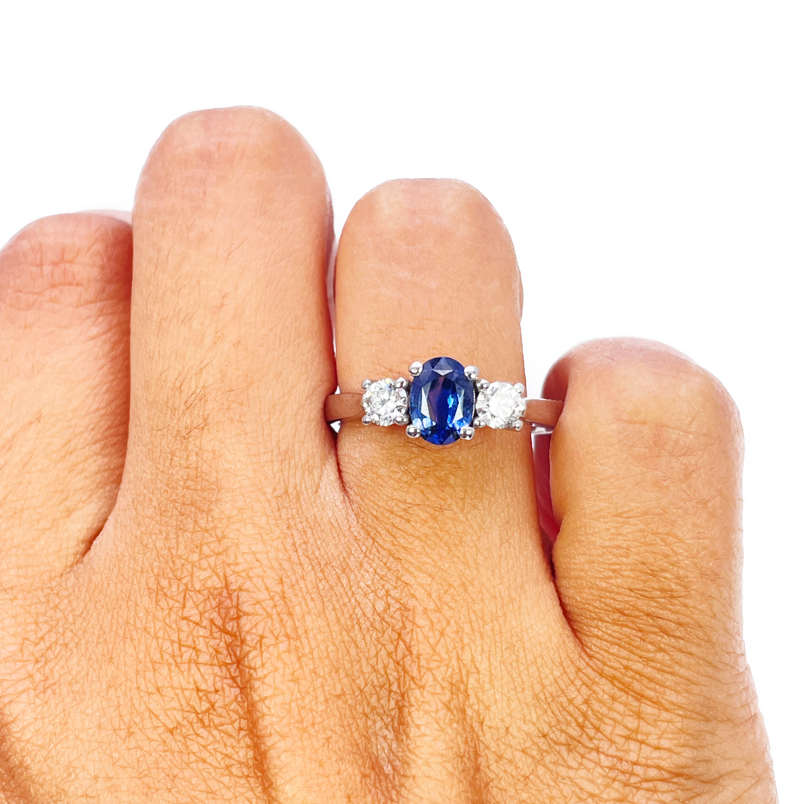 18ct White Gold Natural Oval Blue Sapphire & Round Diamond Trilogy Ring  Diamond Ring