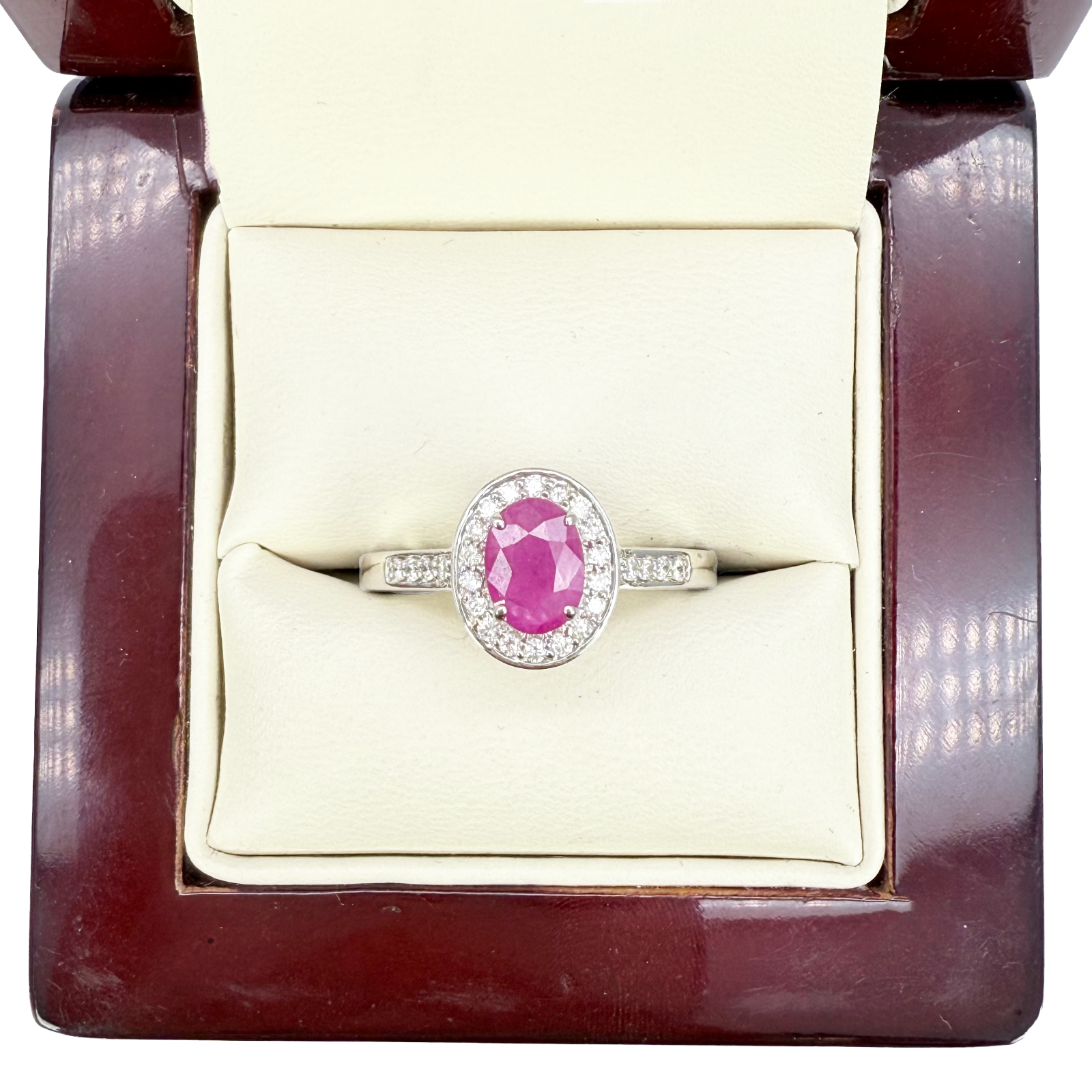 18ct White Gold Natural Oval Ruby & Round Diamond Halo Ring 1.00ct  Diamond Ring