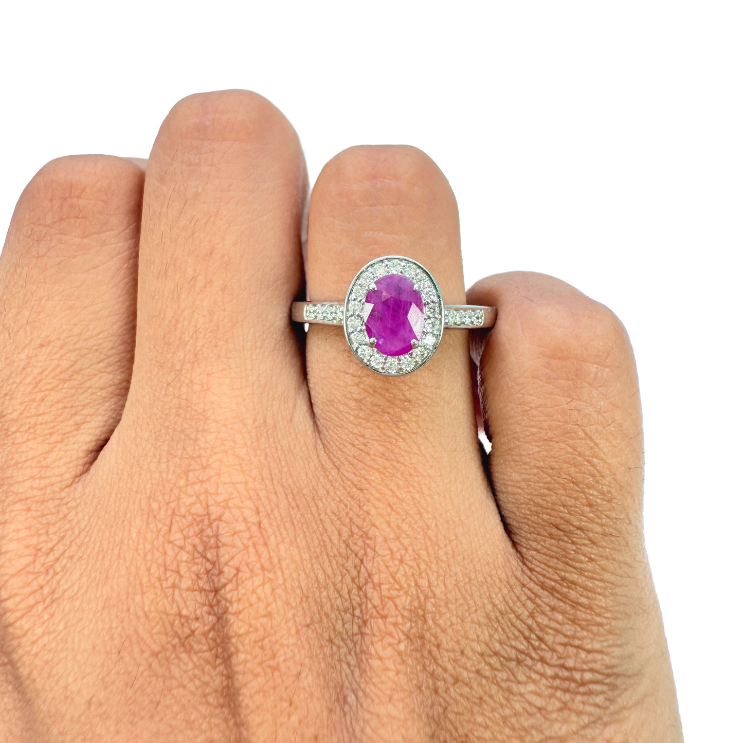 18ct White Gold Natural Oval Ruby & Round Diamond Halo Ring 1.00ct  Diamond Ring