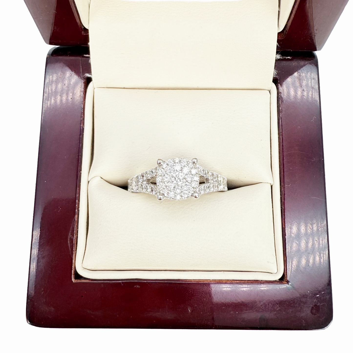 18ct White Gold Natural Round Diamond Cluster Split Shank Ring 1.00ct  Diamond Ring