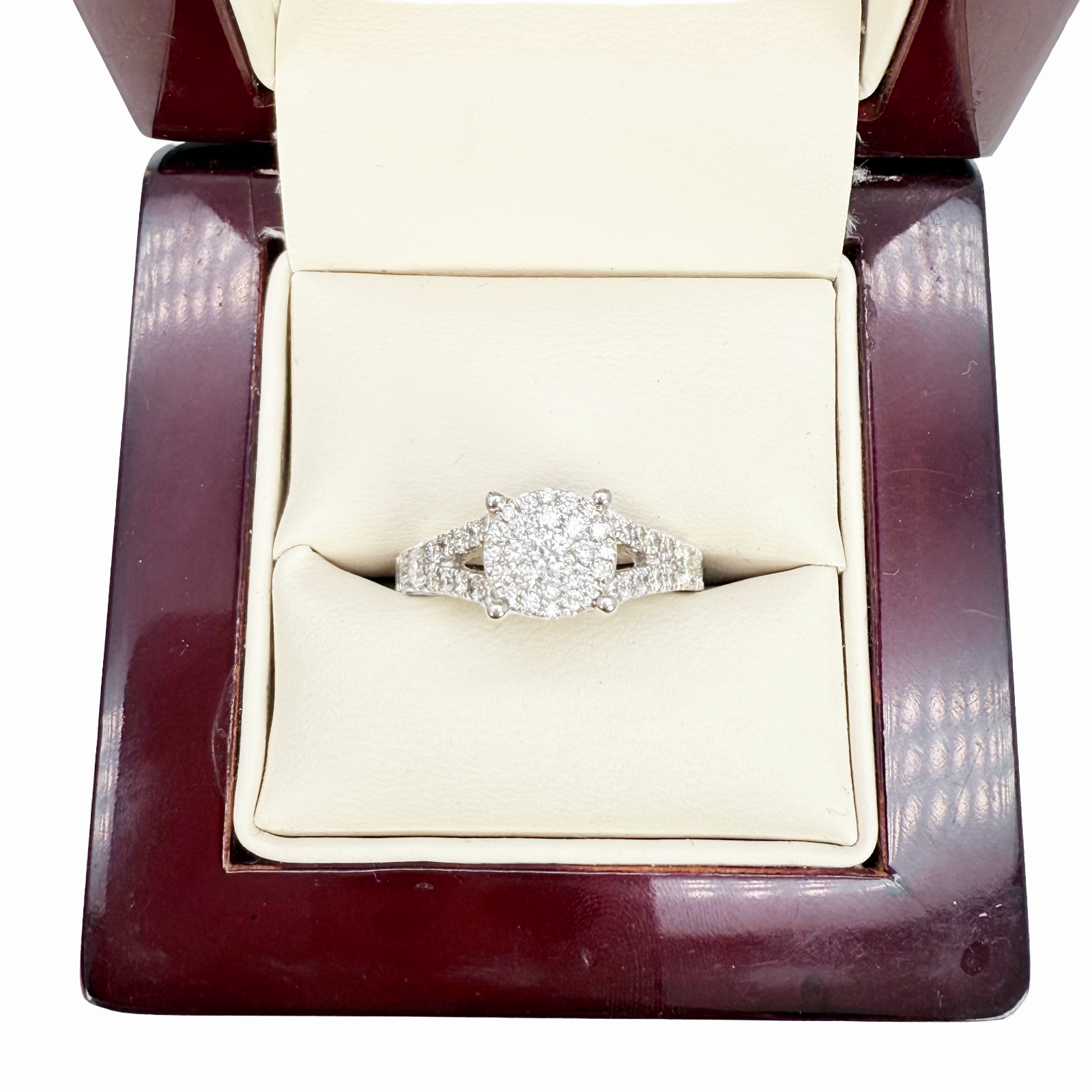 18ct White Gold Natural Round Diamond Cluster Split Shank Ring 1.00ct  Diamond Ring