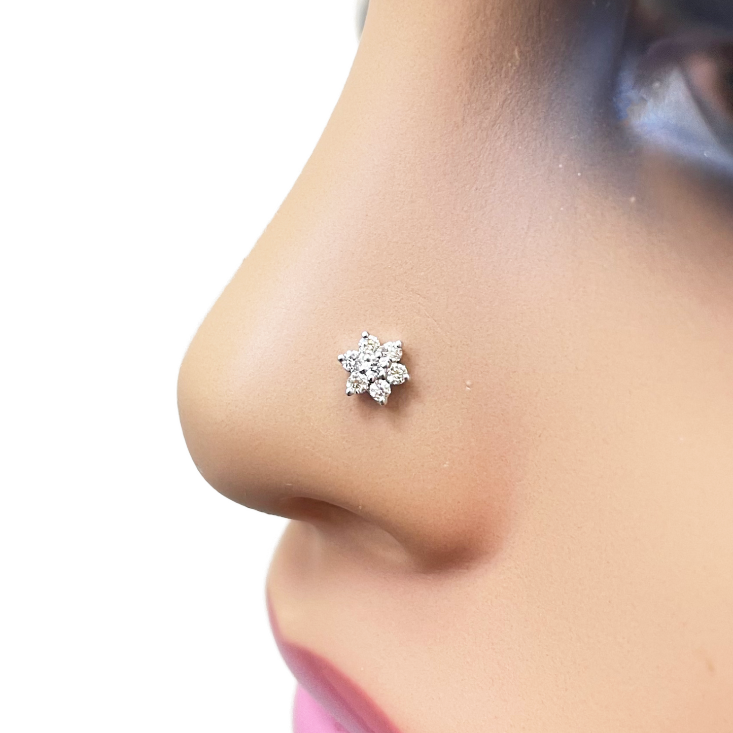 18ct White Gold Natural Round Diamond Flower Nose Stud 0.09ct 
