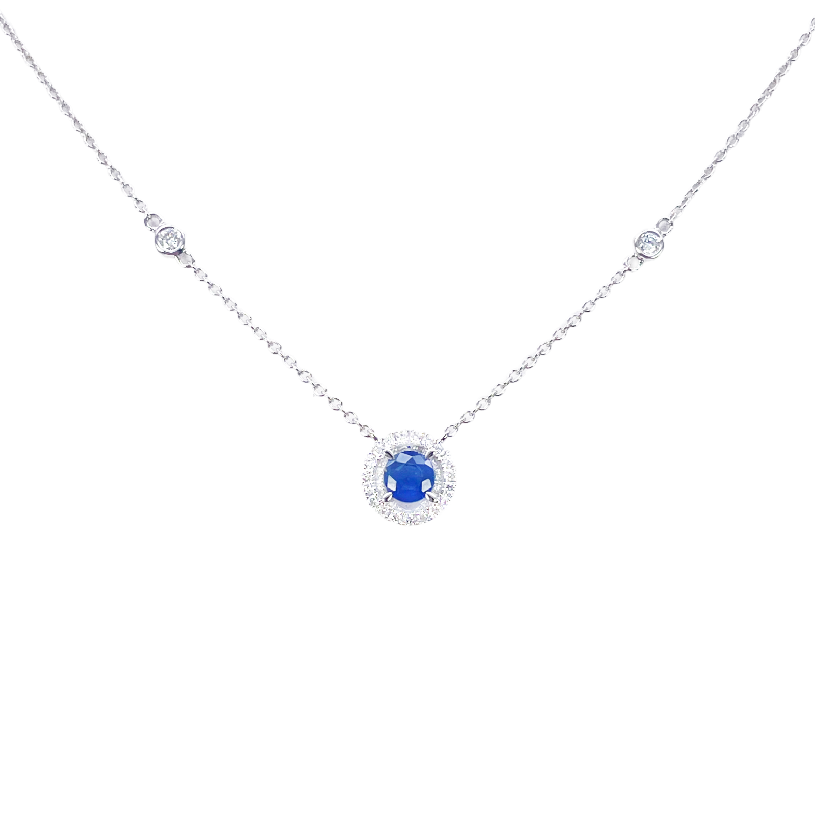 18ct White Gold Natural Round Diamond & Sapphire Halo Necklace 0.45ct 