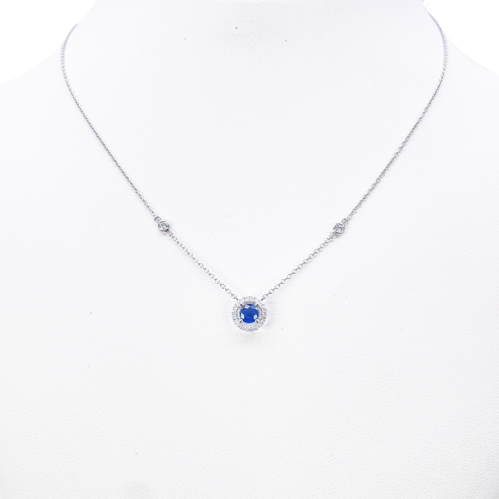 18ct White Gold Natural Round Diamond & Sapphire Halo Necklace 0.45ct 