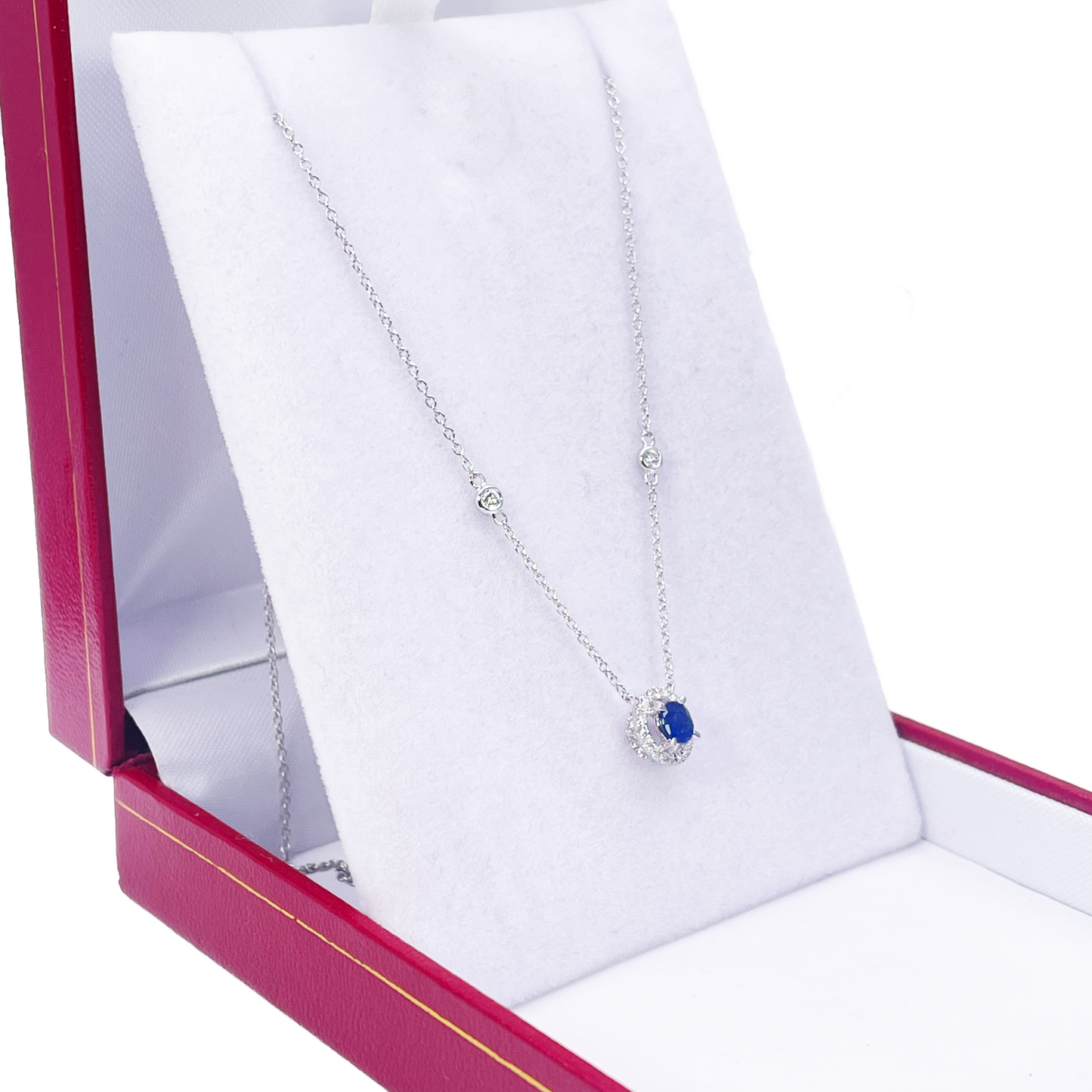 18ct White Gold Natural Round Diamond & Sapphire Halo Necklace 0.45ct 
