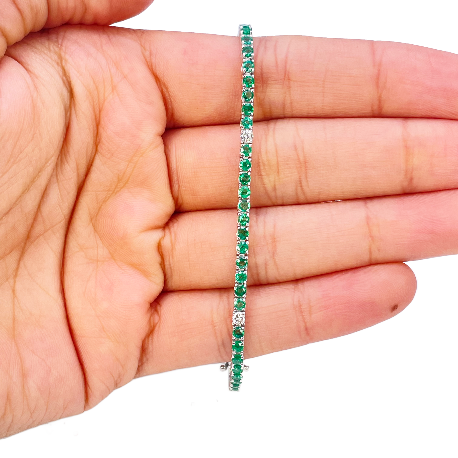 18ct White Gold Natural Round Emerald & Diamond Tennis Bracelet 3.00ct 7 Inches  Diamond Bracelets