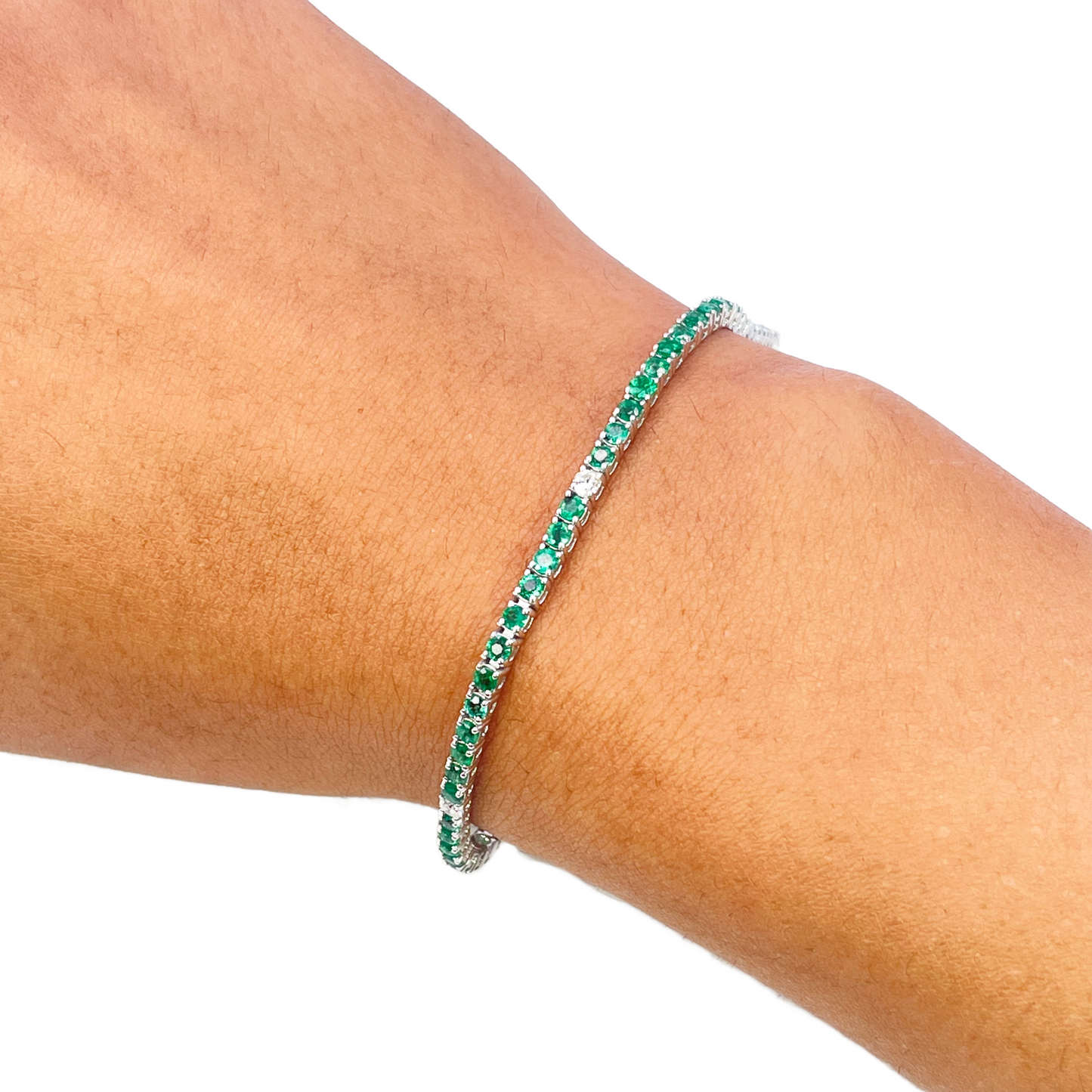 18ct White Gold Natural Round Emerald & Diamond Tennis Bracelet 3.00ct 7 Inches  Diamond Bracelets