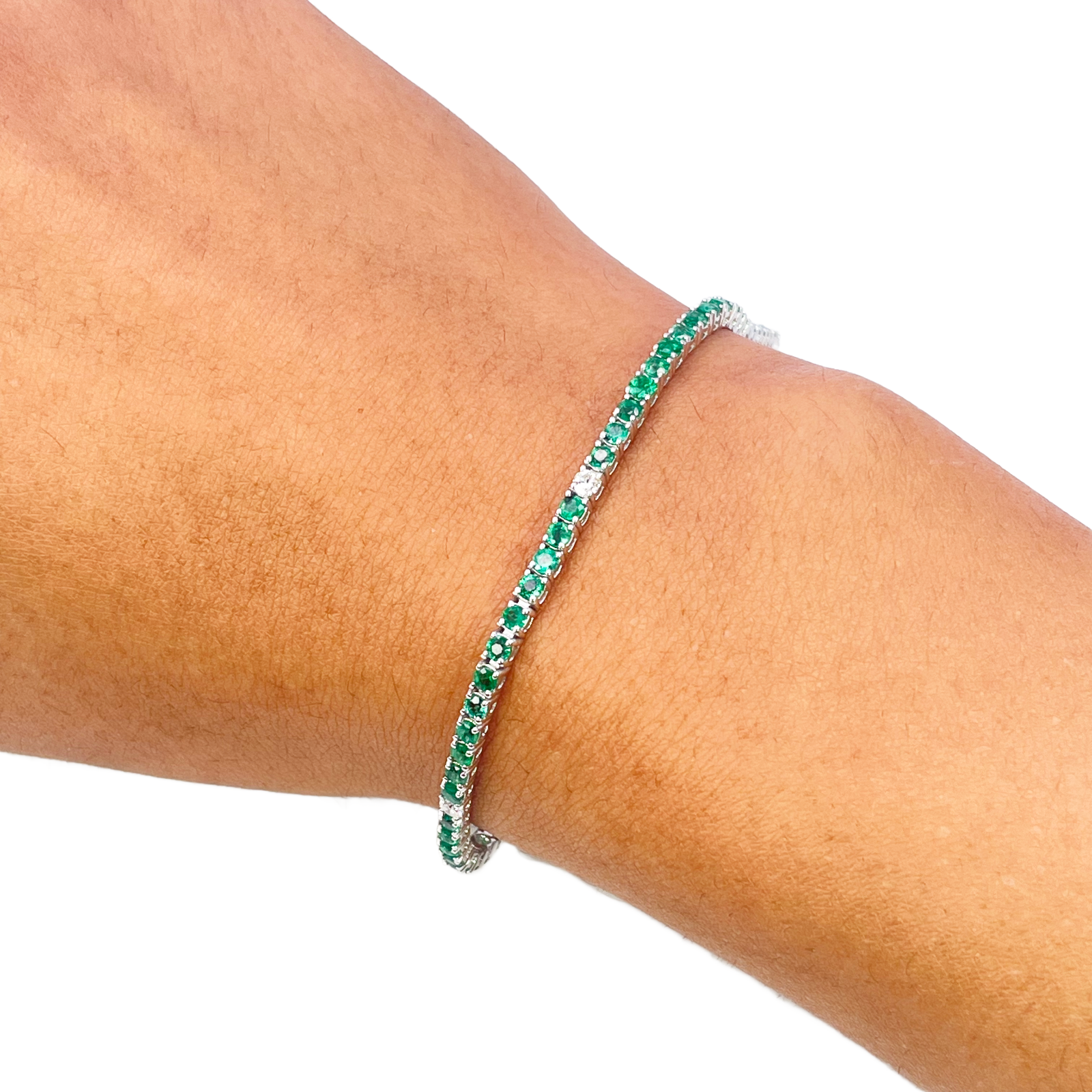 18ct White Gold Natural Round Emerald & Diamond Tennis Bracelet 3.00ct 7 Inches  Diamond Bracelets