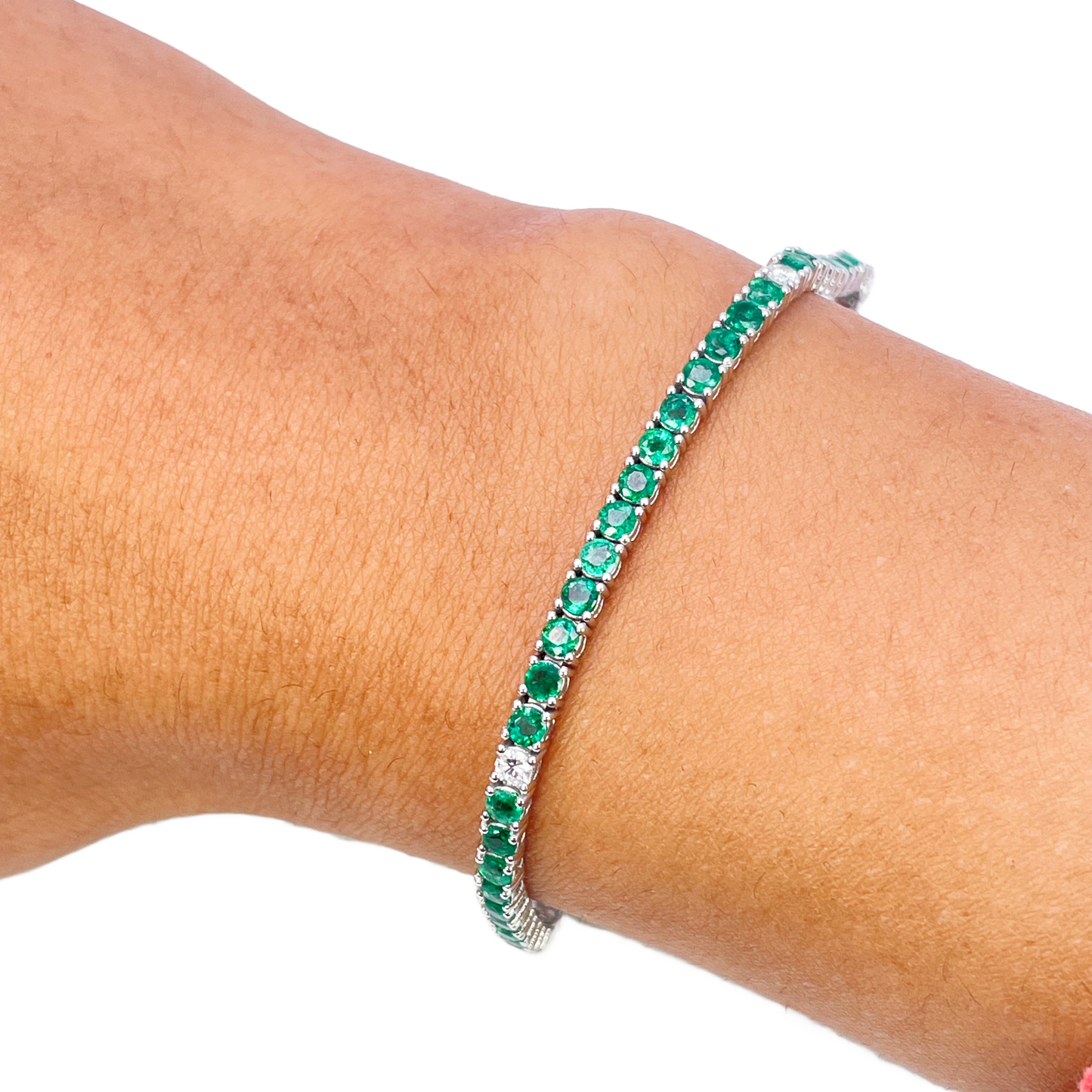 18ct White Gold Natural Round Emerald & Diamond Tennis Bracelet 4.15ct 7 Inches  Diamond Bracelets