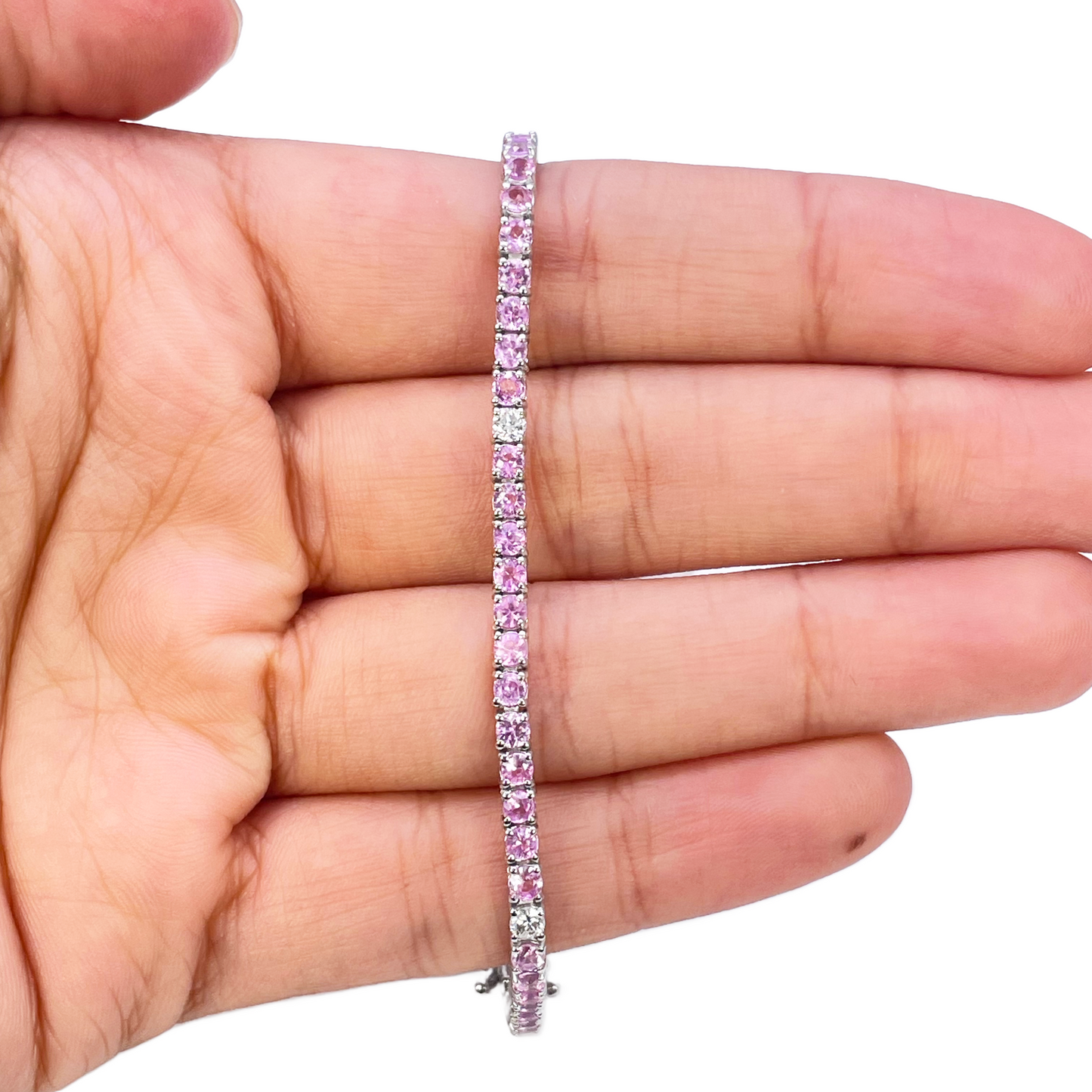 18ct White Gold Natural Round Pink Sapphire & Diamond Tennis Bracelet 4.35ct  Diamond Bracelets