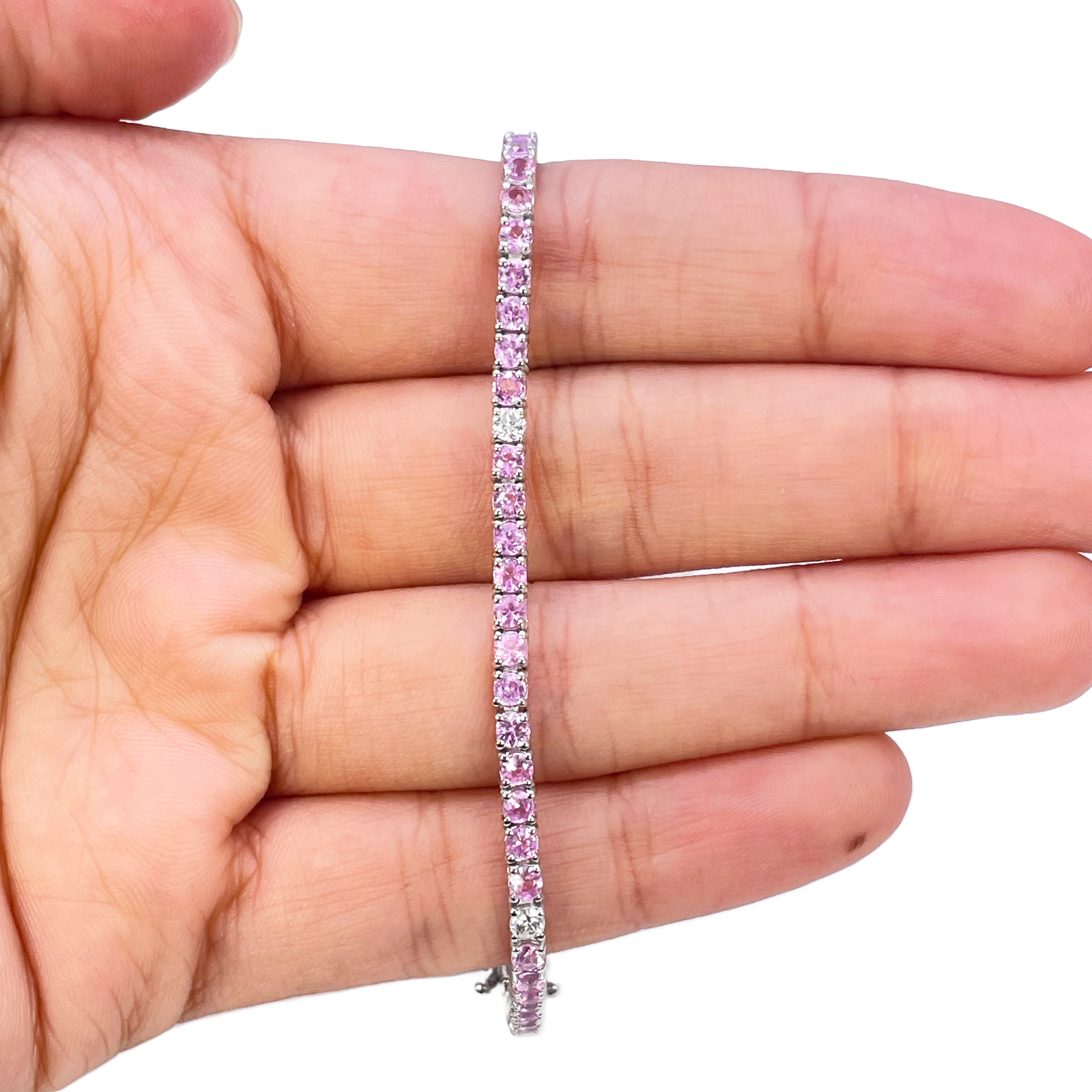 18ct White Gold Natural Round Pink Sapphire & Diamond Tennis Bracelet 4.35ct  Diamond Bracelets