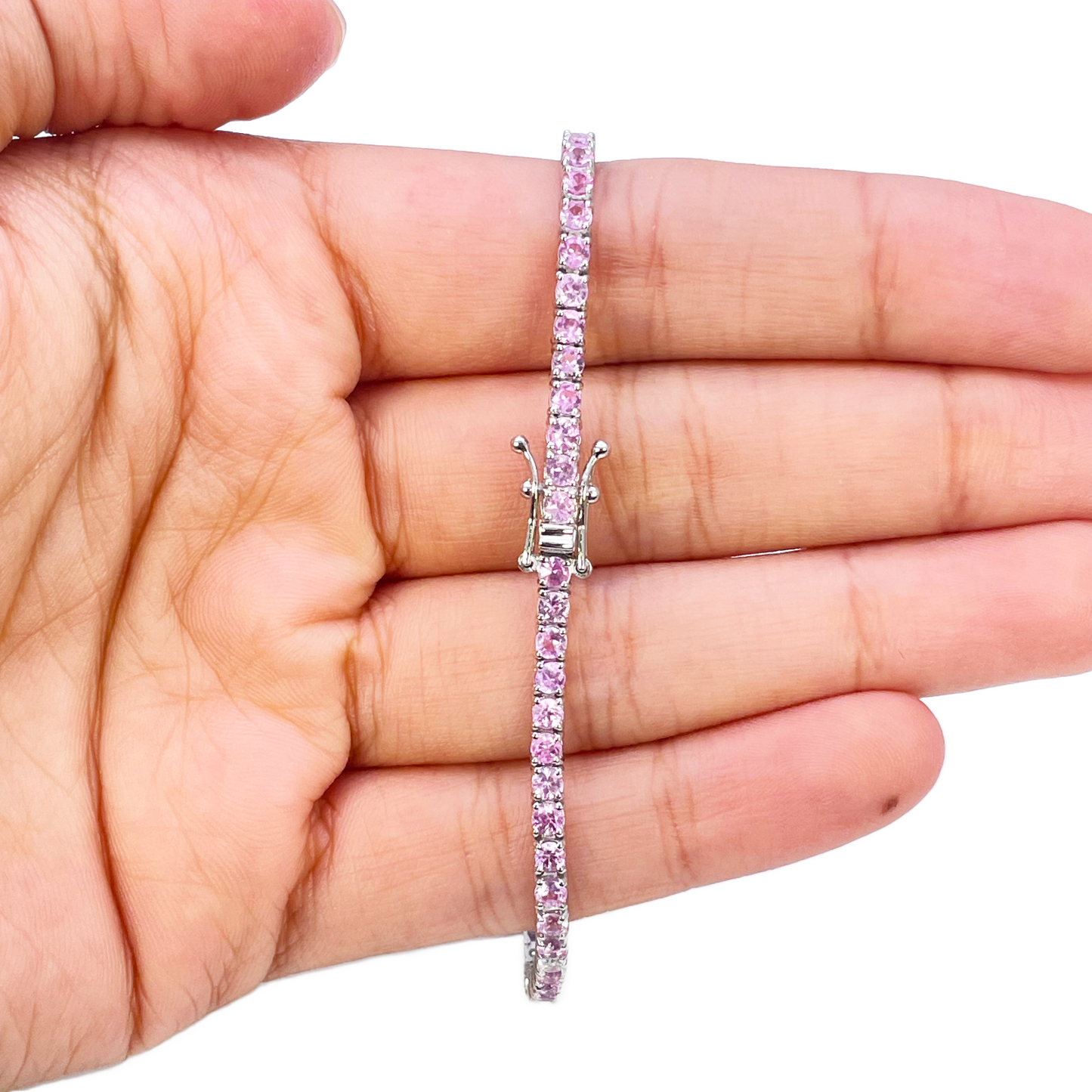 18ct White Gold Natural Round Pink Sapphire & Diamond Tennis Bracelet 4.35ct  Diamond Bracelets