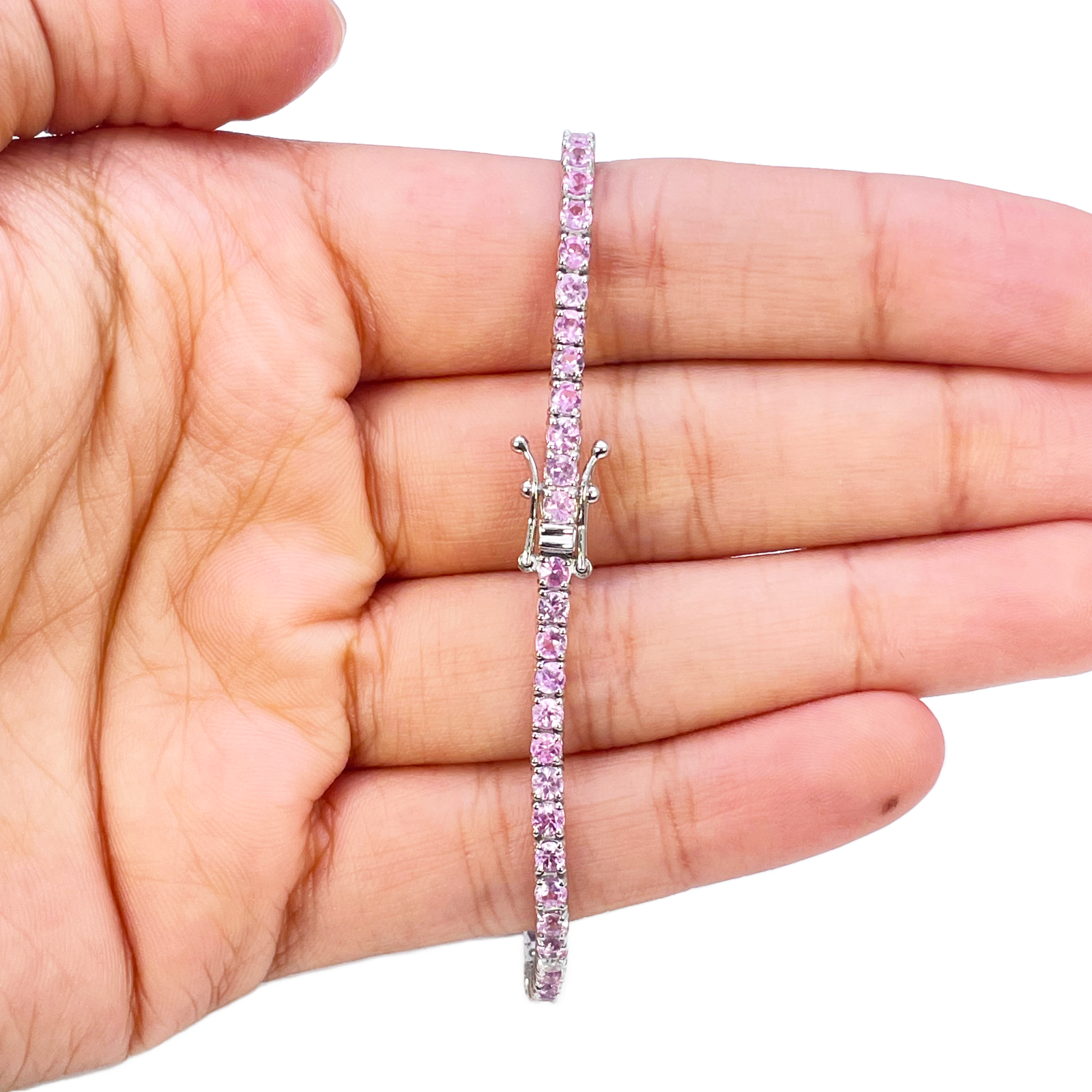 18ct White Gold Natural Round Pink Sapphire & Diamond Tennis Bracelet 4.35ct  Diamond Bracelets
