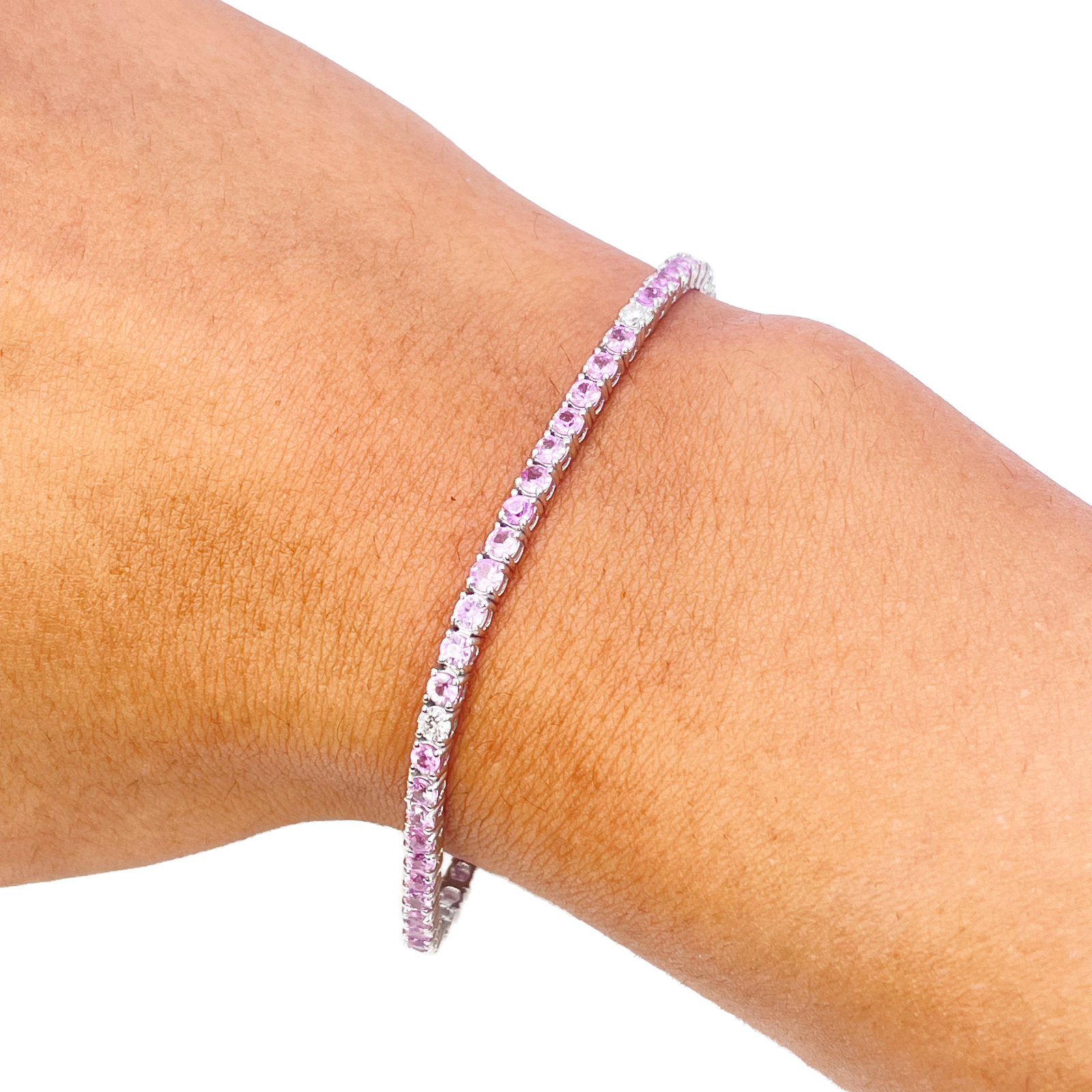18ct White Gold Natural Round Pink Sapphire & Diamond Tennis Bracelet 4.35ct  Diamond Bracelets